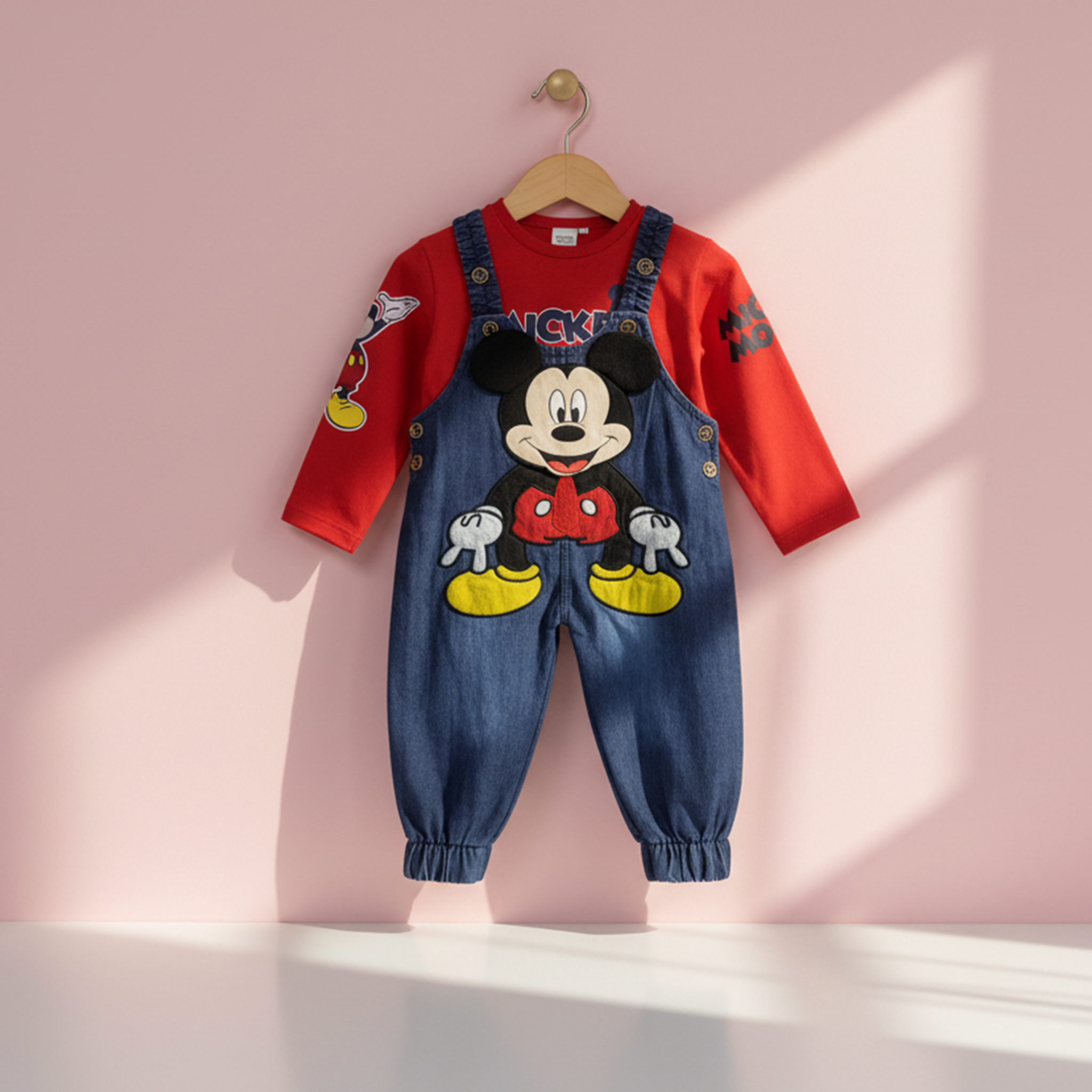 Two children wearing matching red shirts with cartoon character overalls in a bright room.