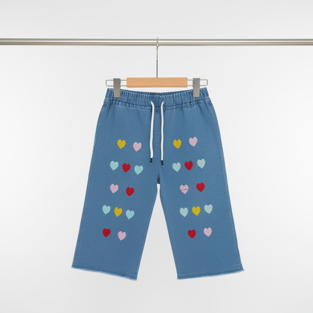 Girls Blue Heart Print Wide‑Leg Pants