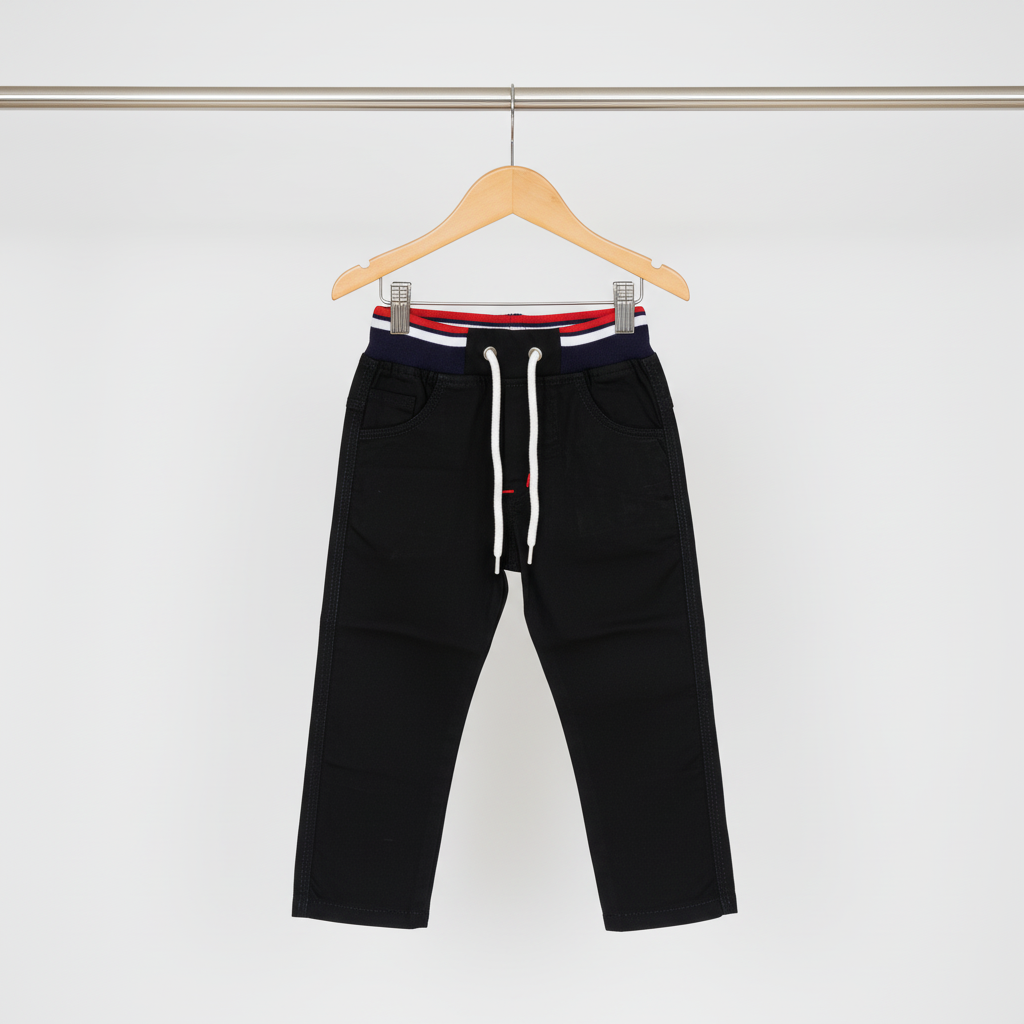Kids Black Cotton Pull‑On Pants