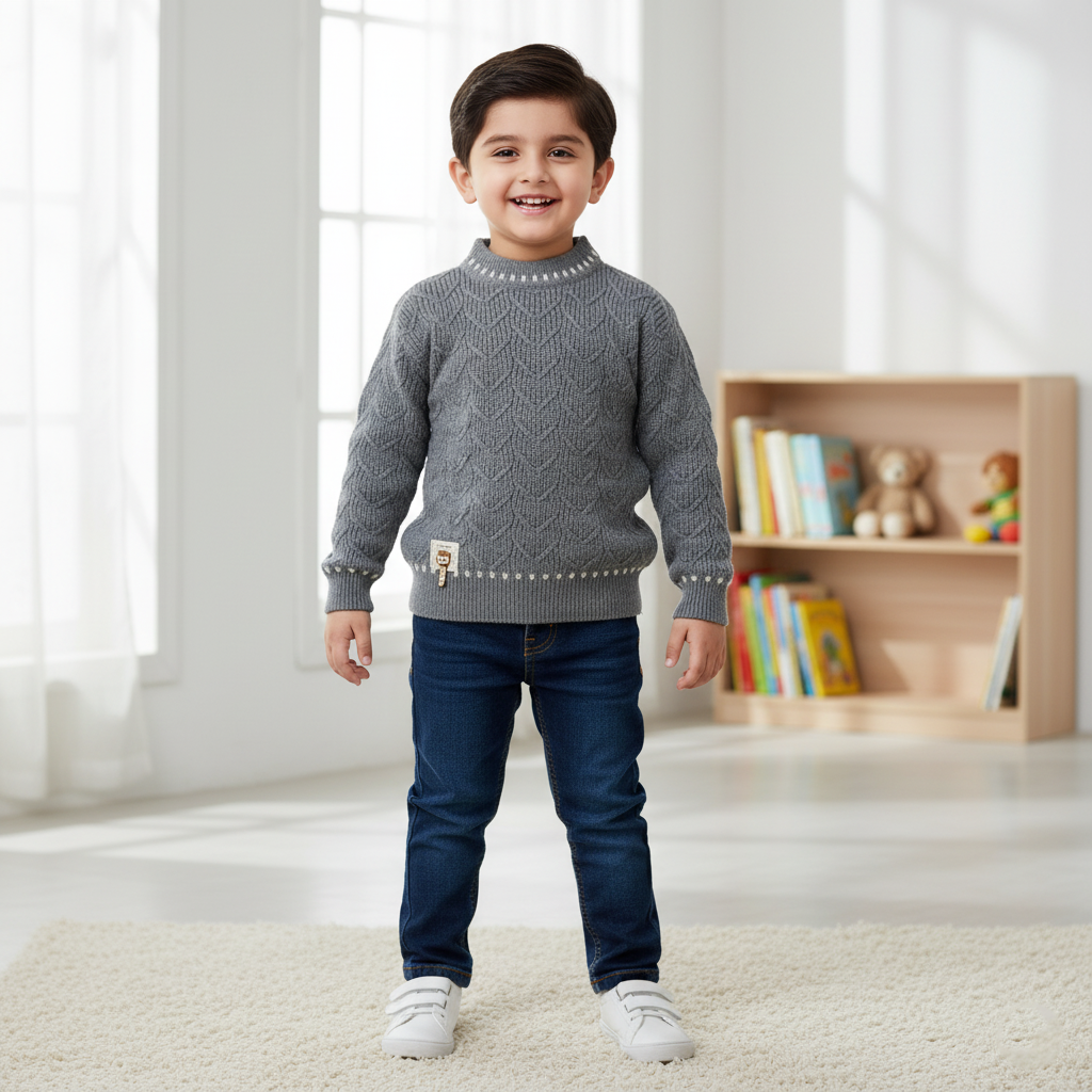 Kids Grey Knitted Sweater with Pattern