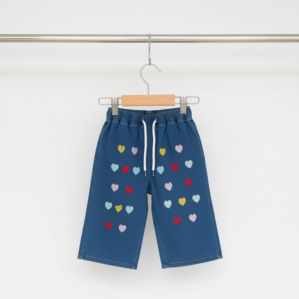 Girls Dark Blue Denim Heart Wide‑Leg Pants