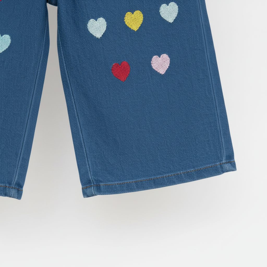 Girls Dark Blue Denim Heart Wide‑Leg Pants