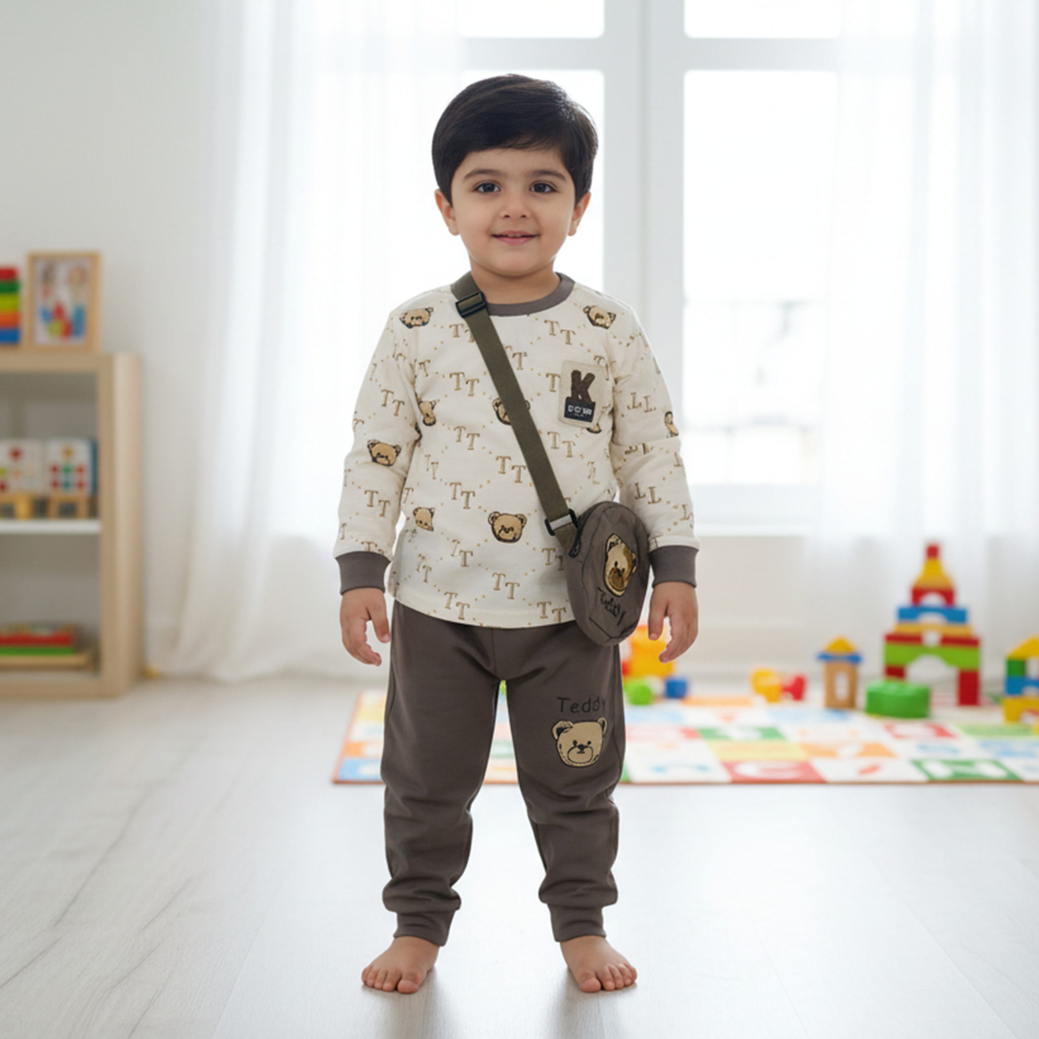 Boys Teddy Print Top & Pants Set - Cream