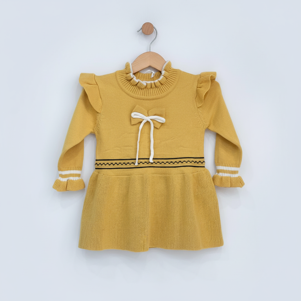 Girls Imported Wool Ruffle Sweater Dress — Mustard Yellow Knit