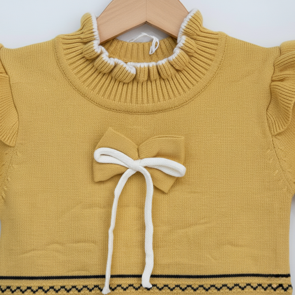 Girls Imported Wool Ruffle Sweater Dress — Mustard Yellow Knit
