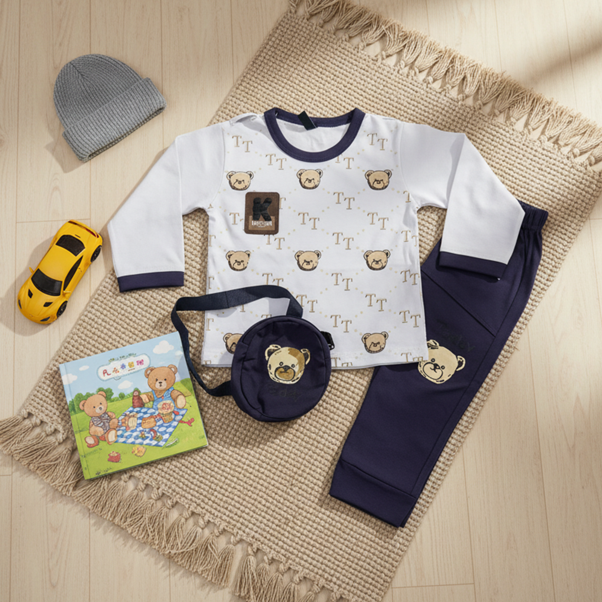 Boys Teddy Print Top & Pants Set - Cream