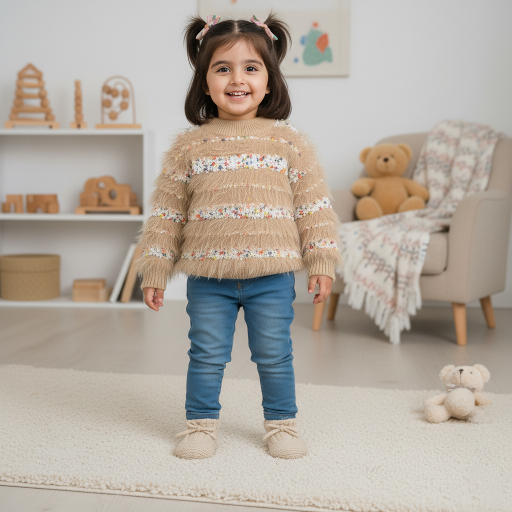 Kids Fuzzy Knit Sweater with Colorful Accents