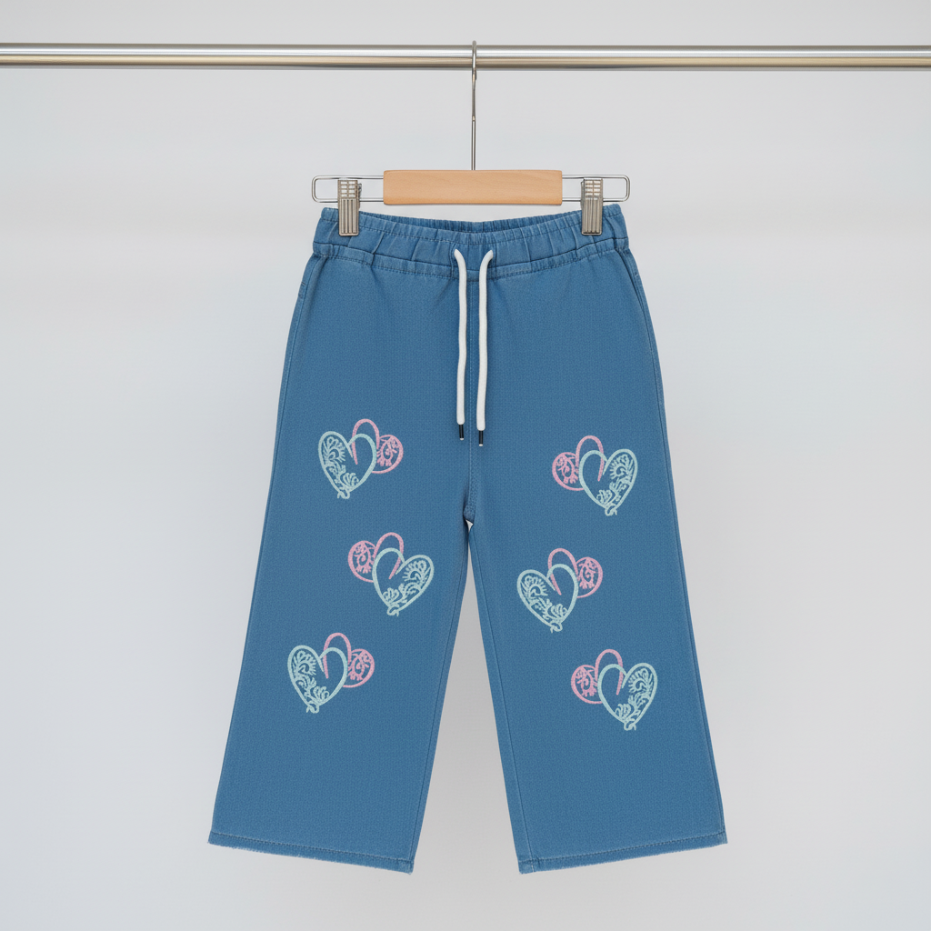 Girls Blue Denim Heart Wide‑Leg Pants