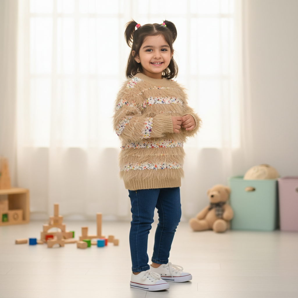 Kids Fuzzy Knit Sweater with Colorful Accents