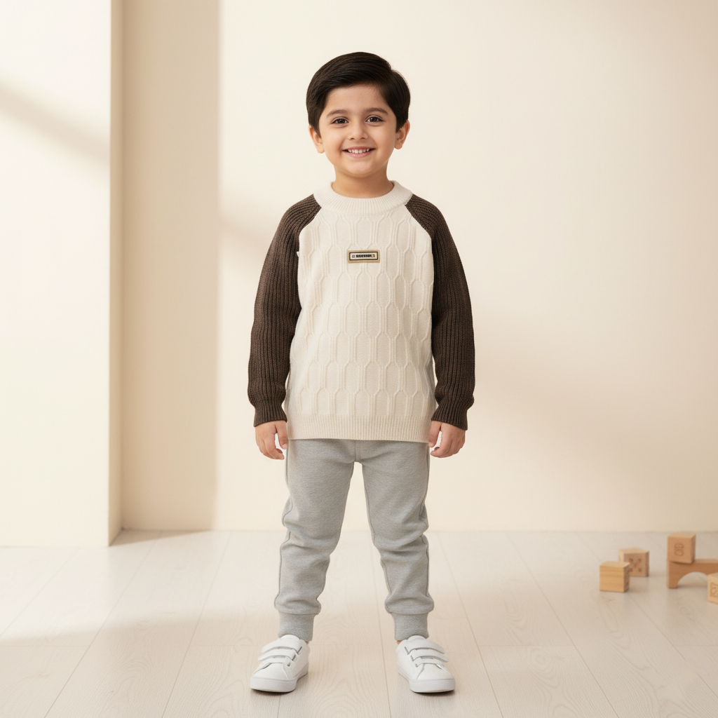 Honeycomb Knit Raglan Sweater – Cream/Brown