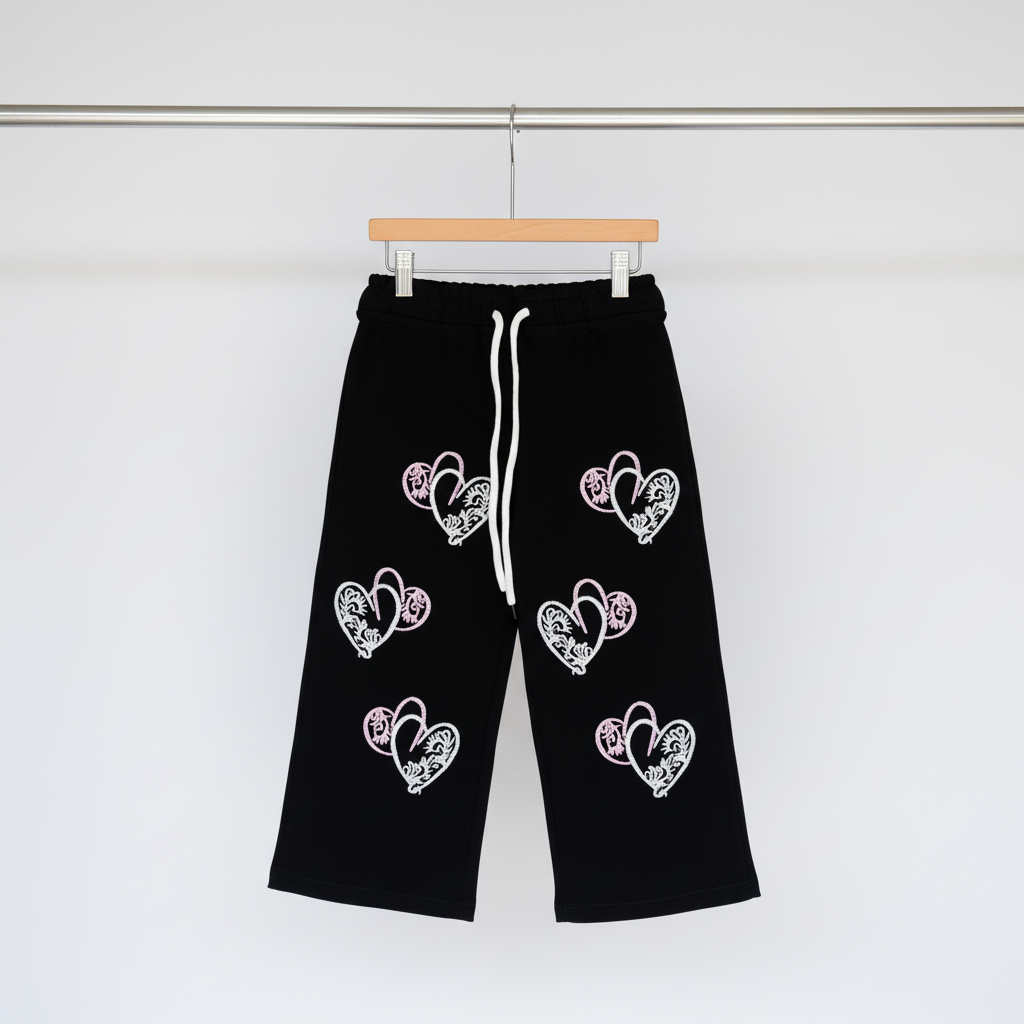Girls Blue Denim Heart Wide‑Leg Pants - Black