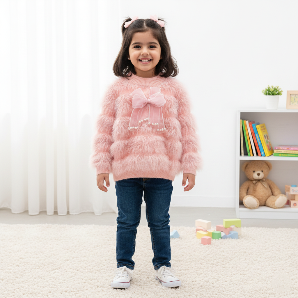 Kids Fuzzy Pink Bow Sweater – Soft Knit