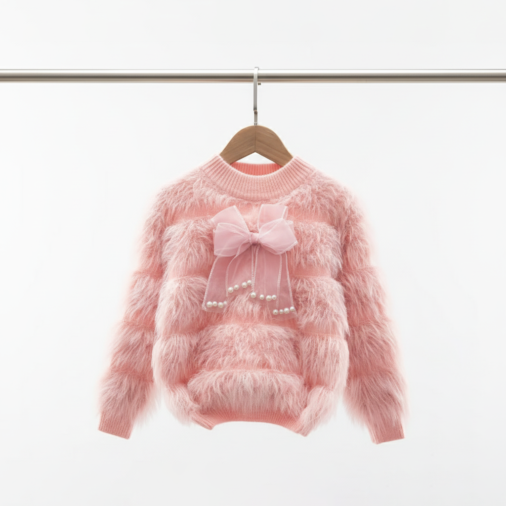 Kids Fuzzy Pink Bow Sweater – Soft Knit