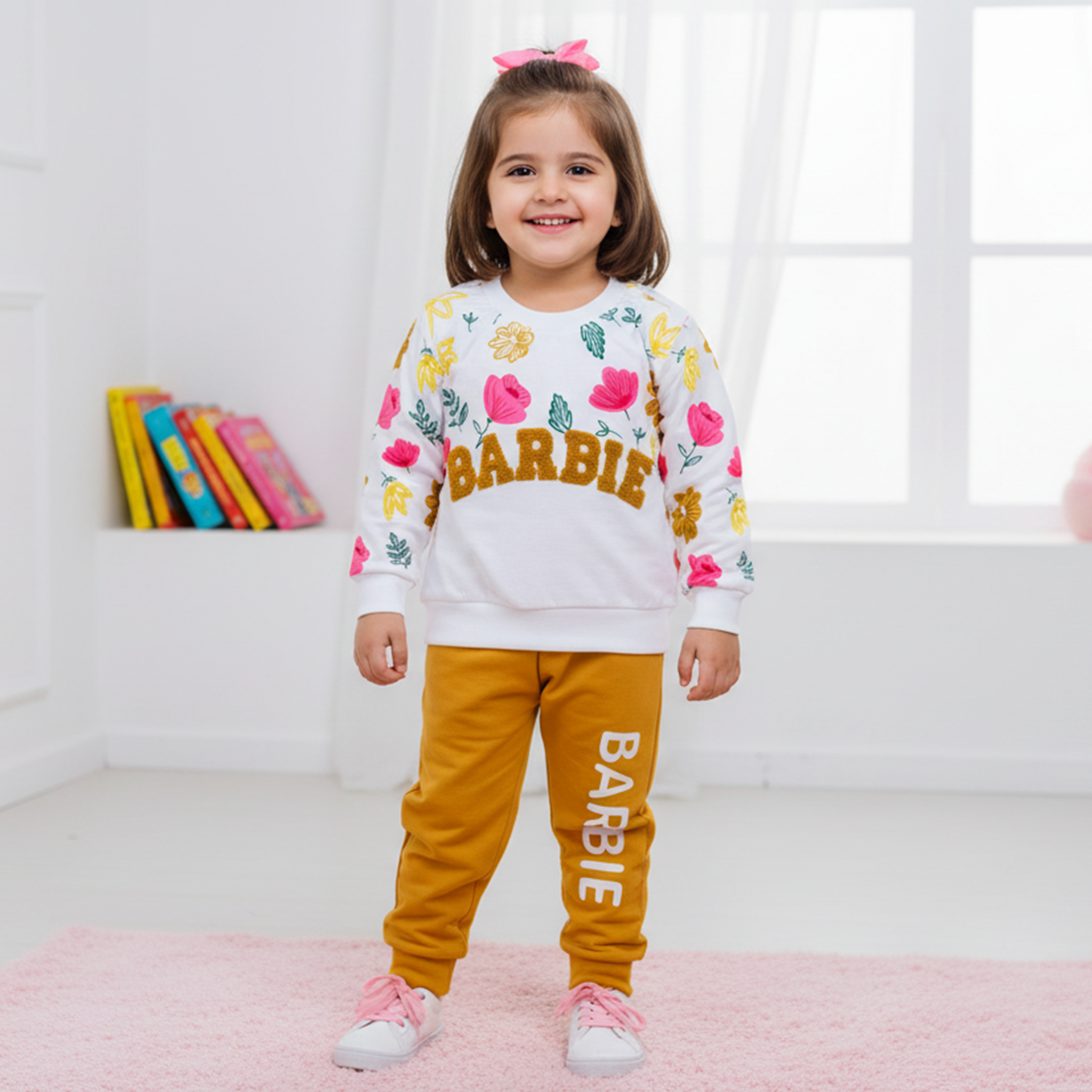 Girls Barbie Floral Sweatshirt & Jogger Set - Mustard
