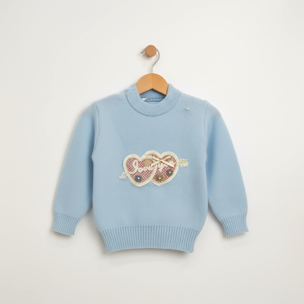 Girls Imported Blue Knit Sweater — 3D Heart Appliqué Pullover
