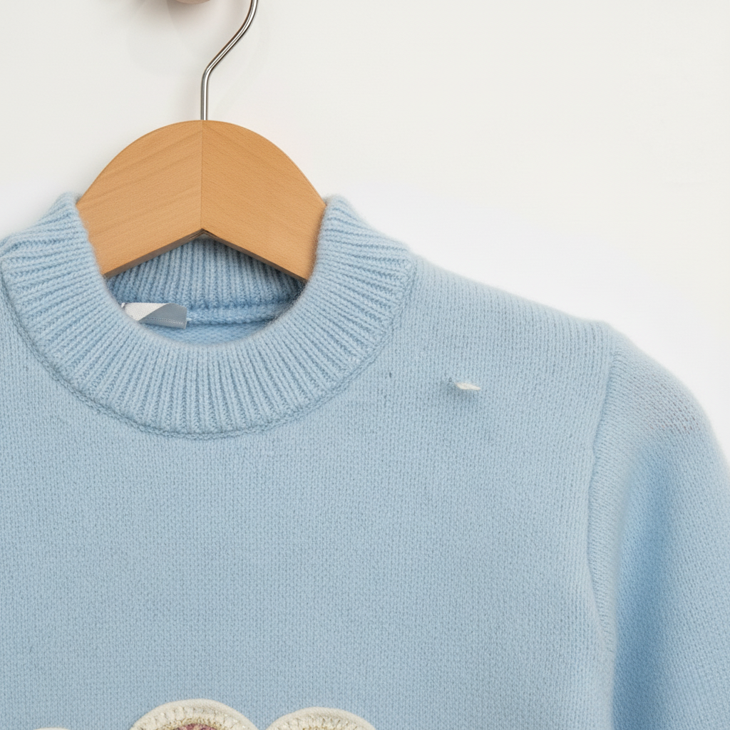 Girls Imported Blue Knit Sweater — 3D Heart Appliqué Pullover