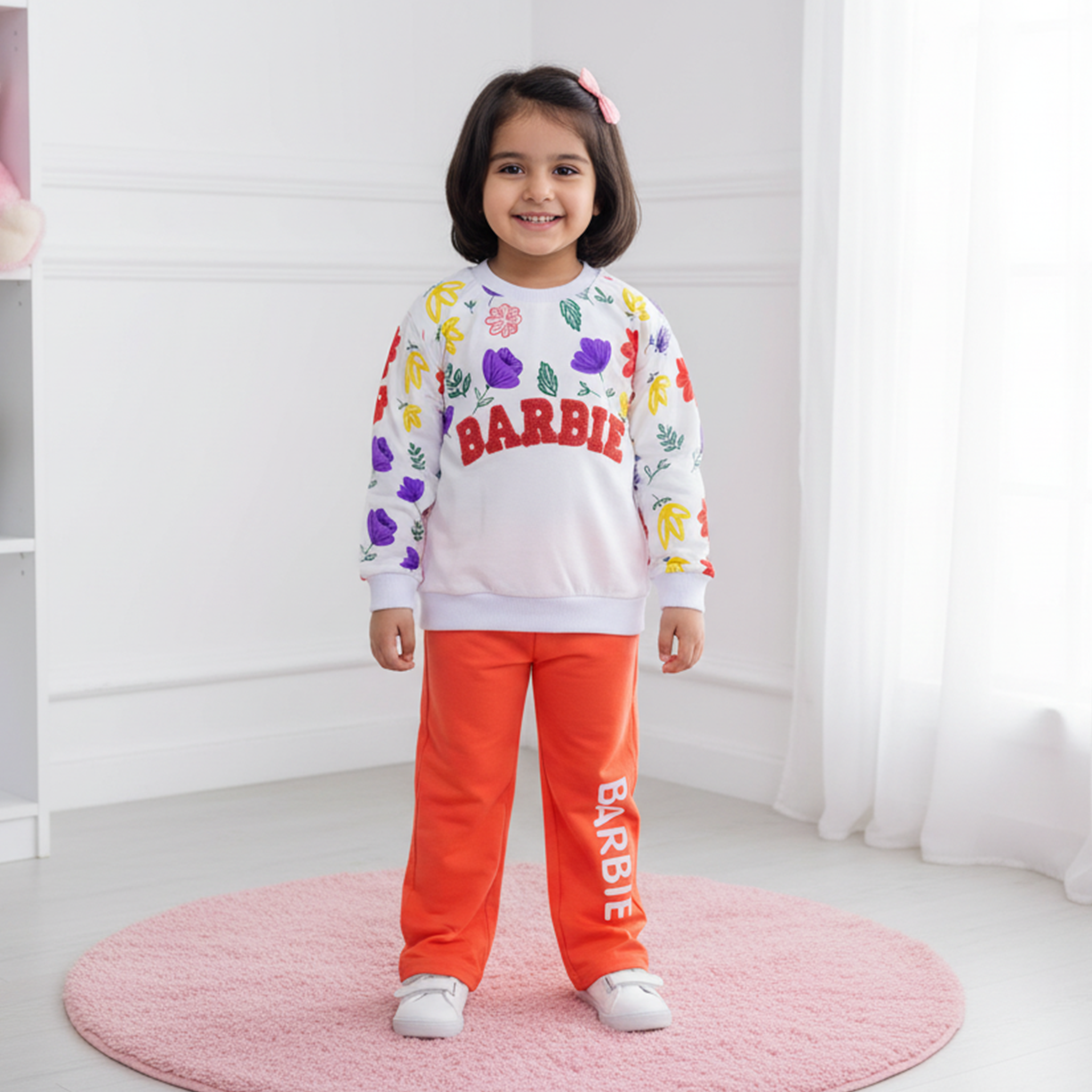 Girls Barbie Floral Sweatshirt & Jogger Set - Pink