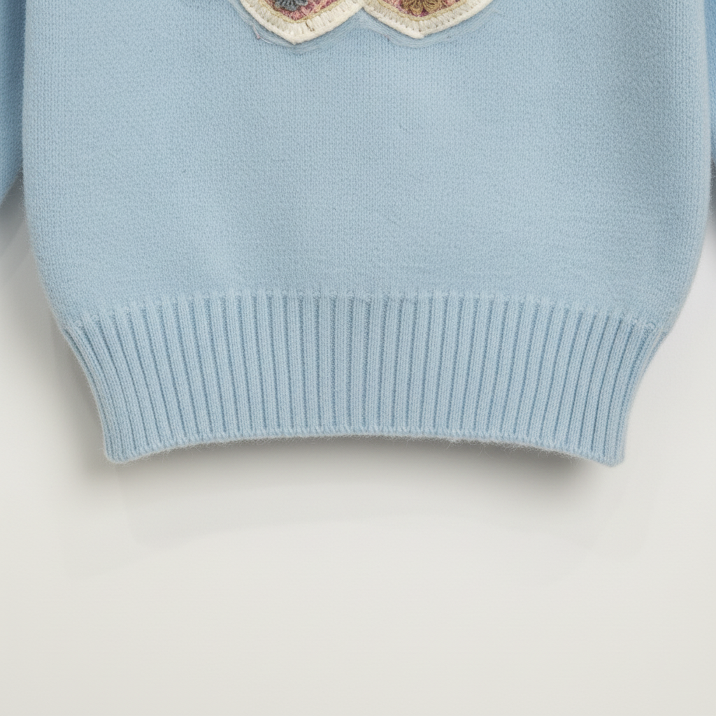 Girls Imported Blue Knit Sweater — 3D Heart Appliqué Pullover