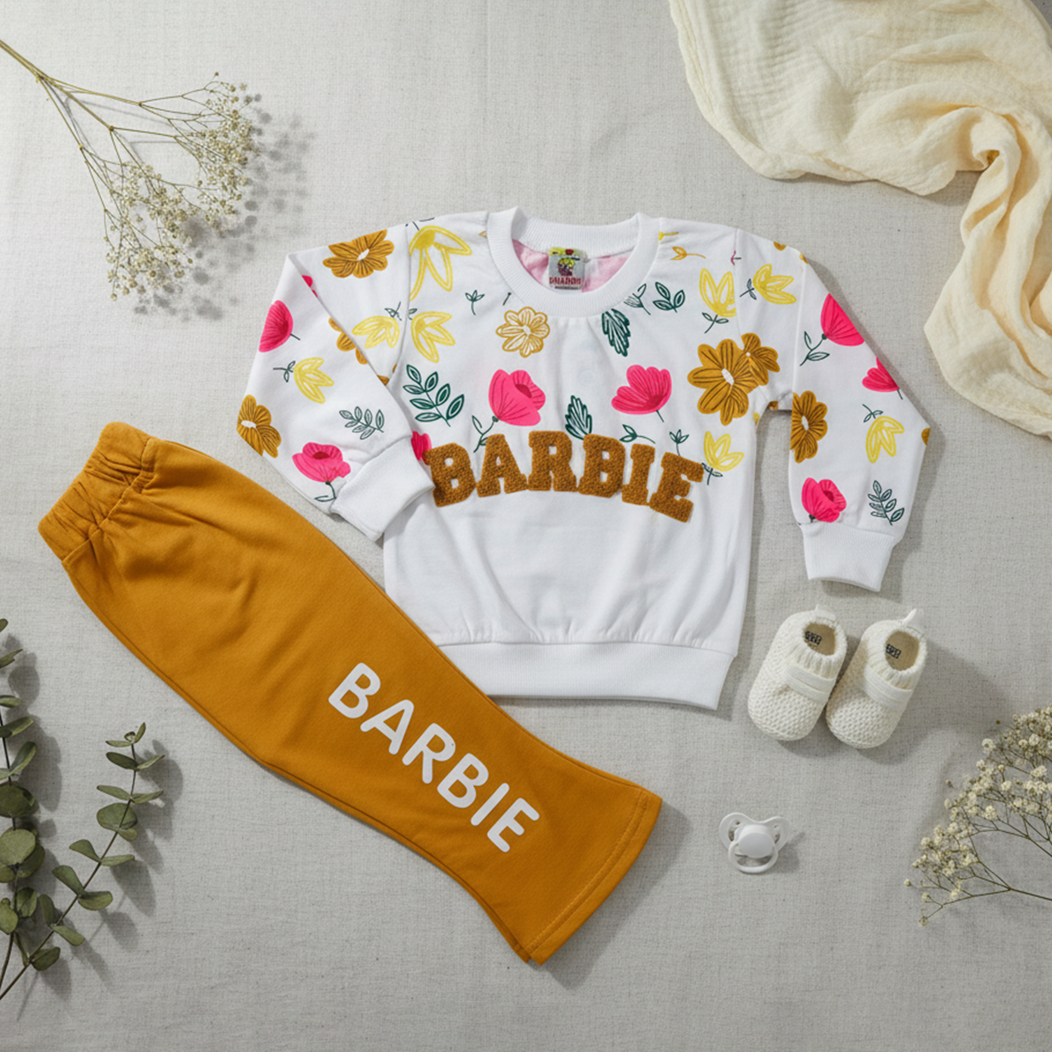 Girls Barbie Floral Sweatshirt & Jogger Set - Mustard