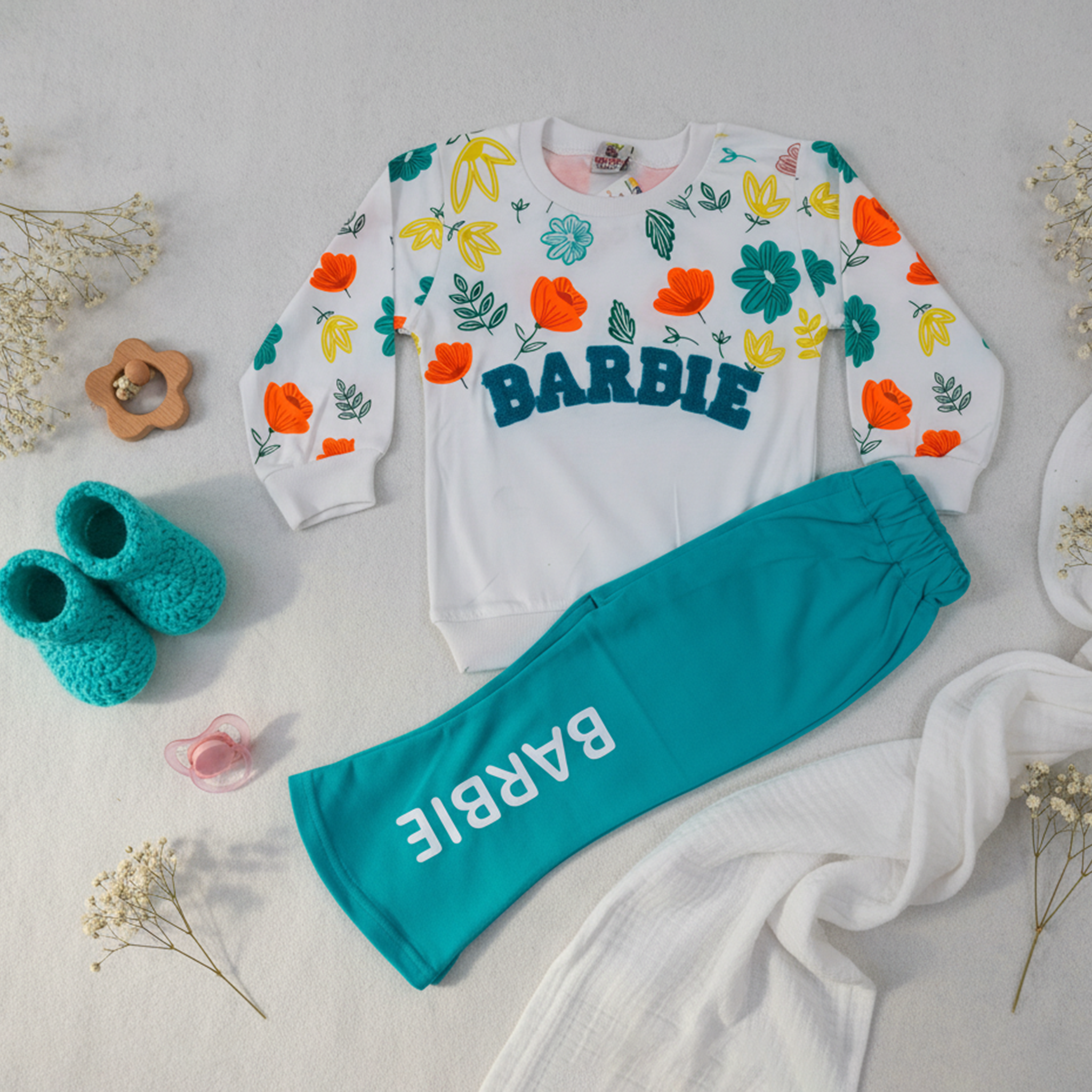 Girls Barbie Floral Sweatshirt & Jogger Set - Green