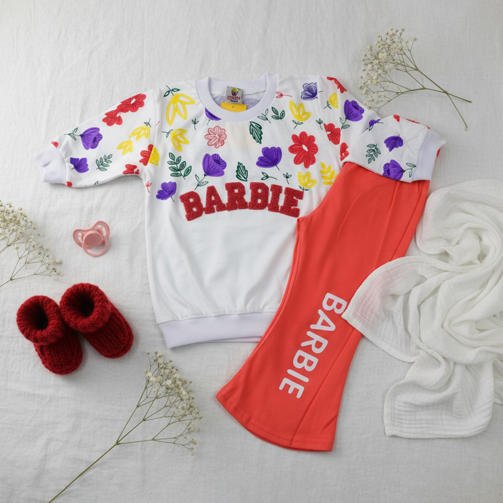 Girls Barbie Floral Sweatshirt & Jogger Set - Pink