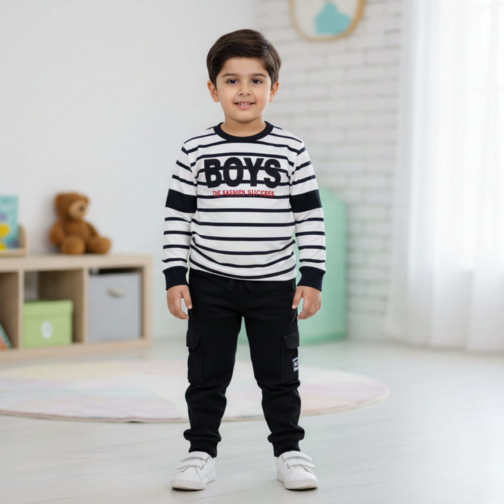 Boys Striped Long‑Sleeve Tee & Black Cargo Jogger Set