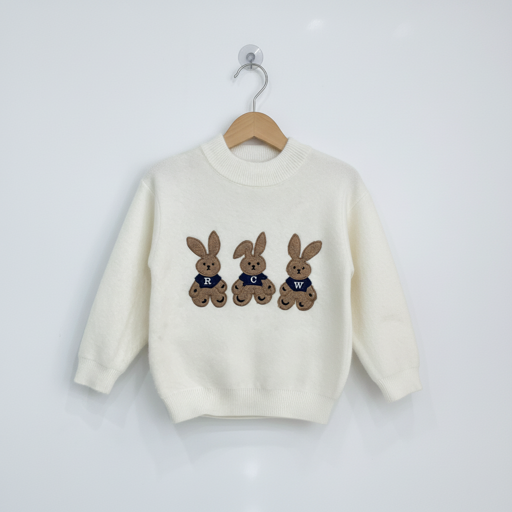 Girls Imported Bunny Trio Appliqué Knit Sweater