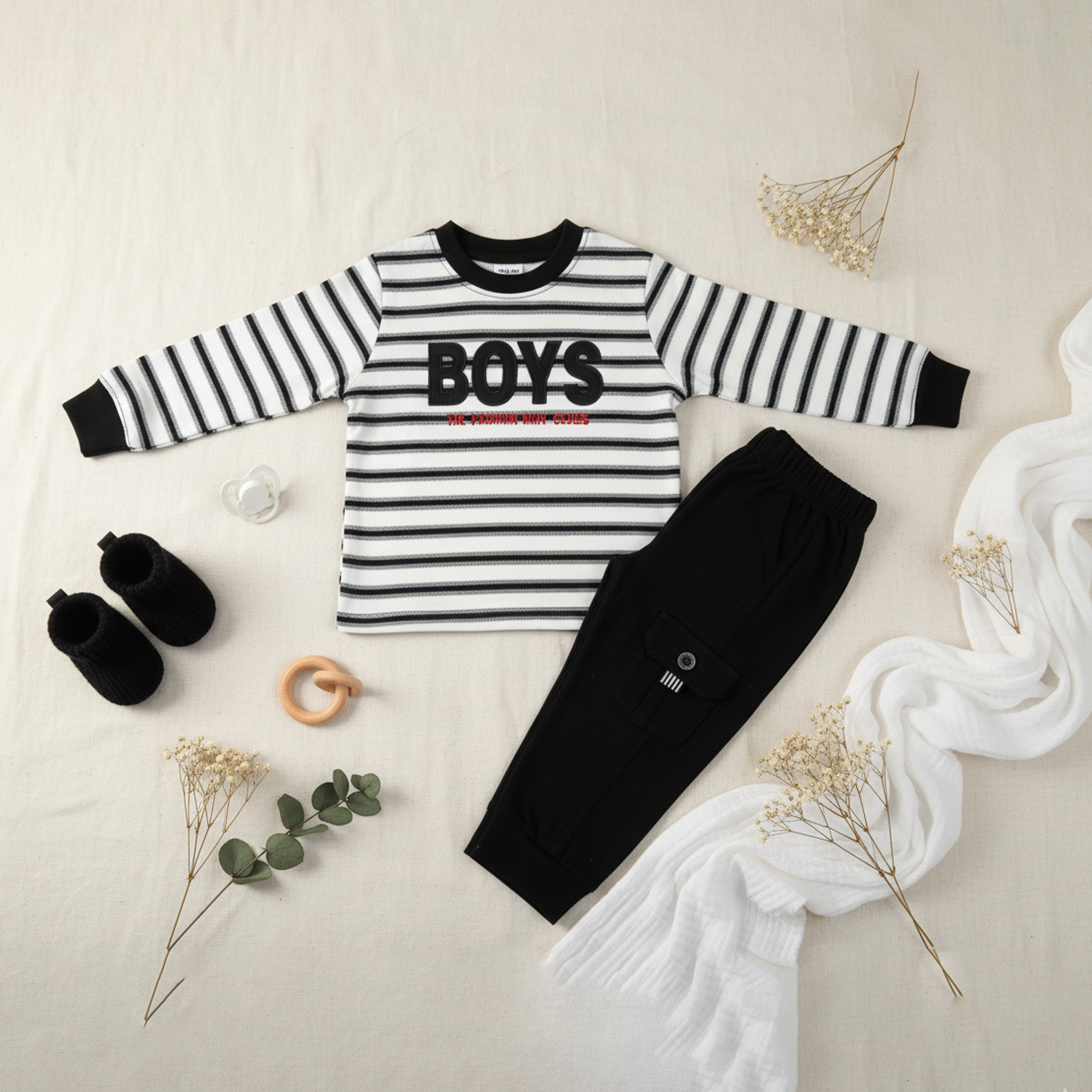 Boys Striped Long‑Sleeve Tee & Black Cargo Jogger Set
