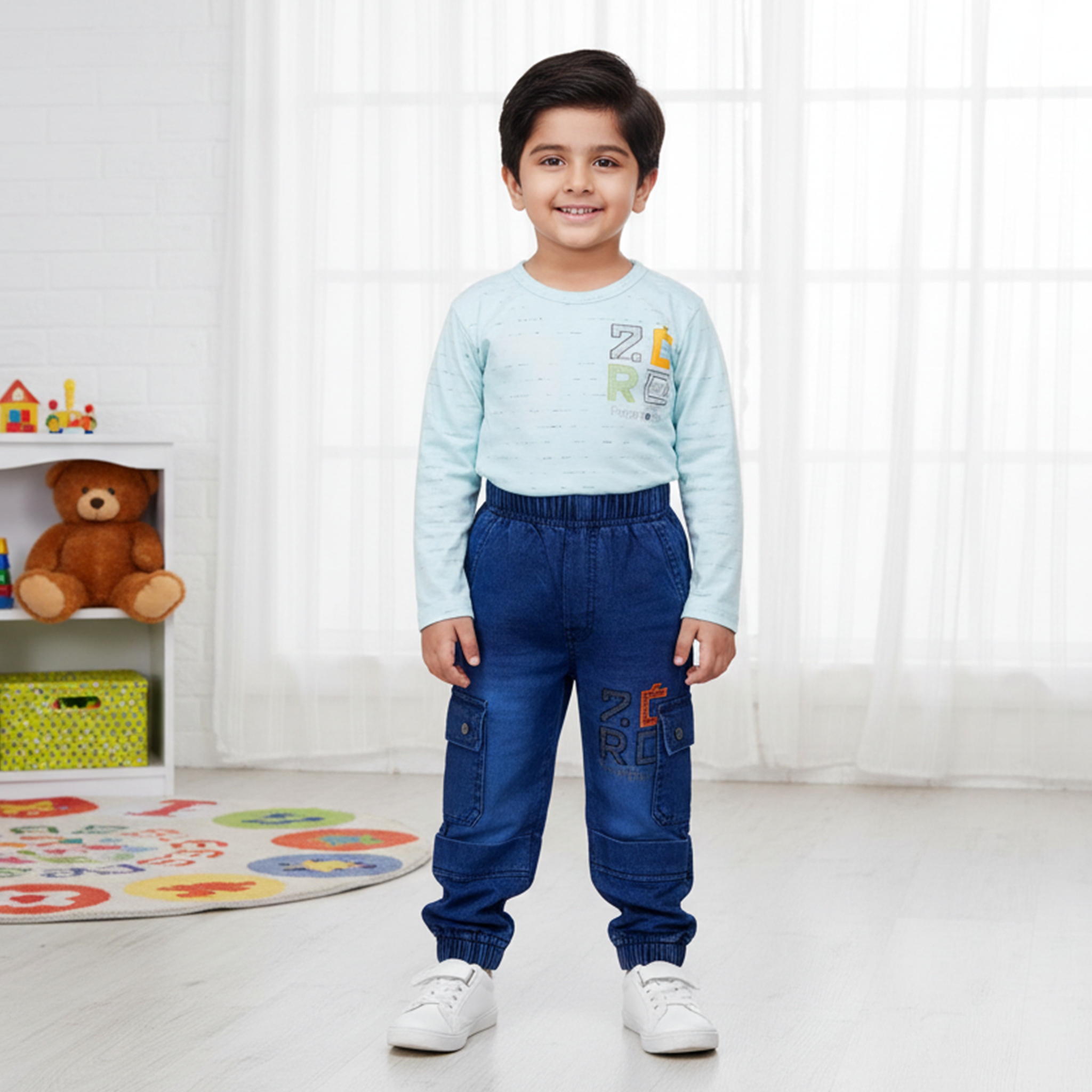 Boys Long‑Sleeve Tee & Denim Cargo Jogger Set – Aqua Blue