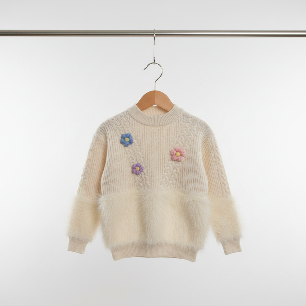 Kids Ivory Cable Knit Faux‑Fur Sweater