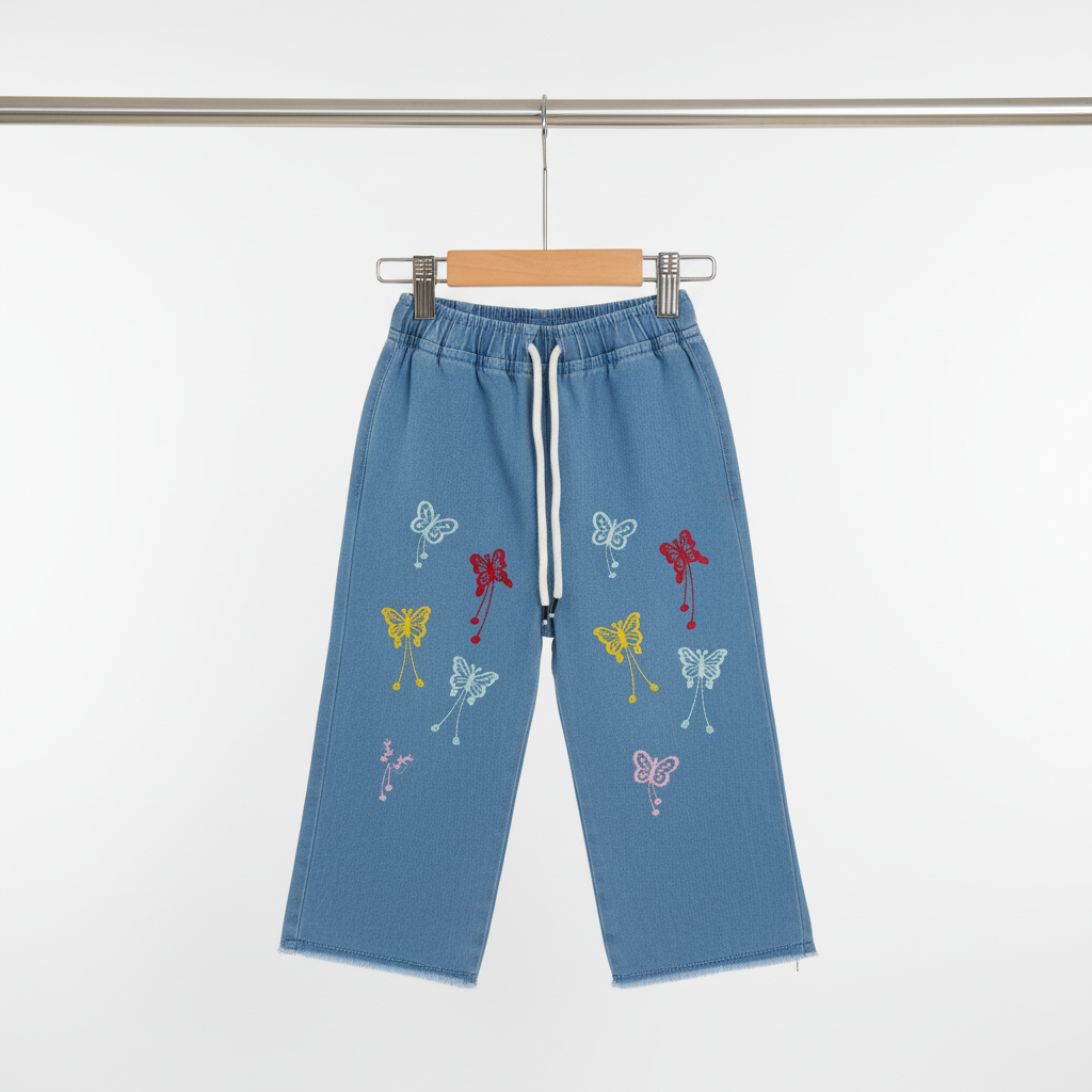 Kids Butterfly Embroidered Denim Pants – Blue