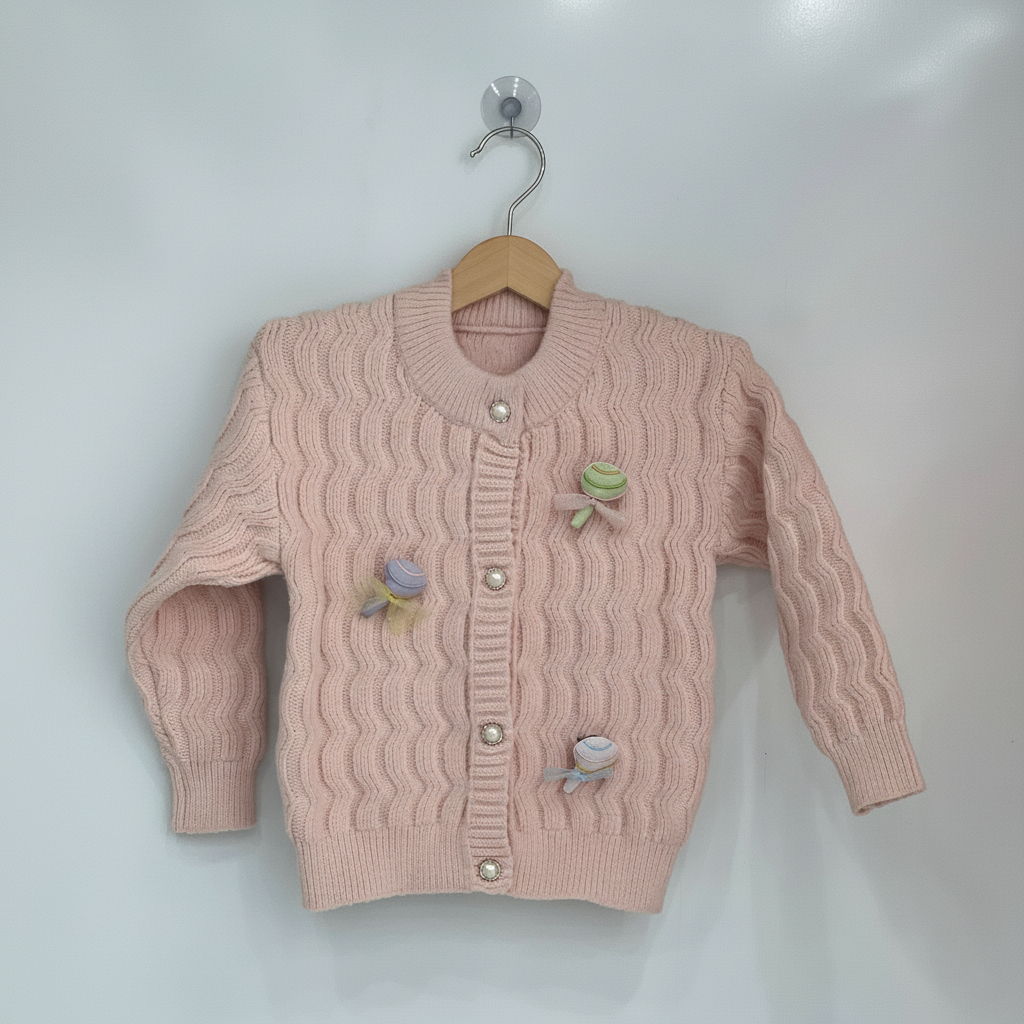 Girls Imported Pink Cable Knit Cardigan — Pearl Buttons