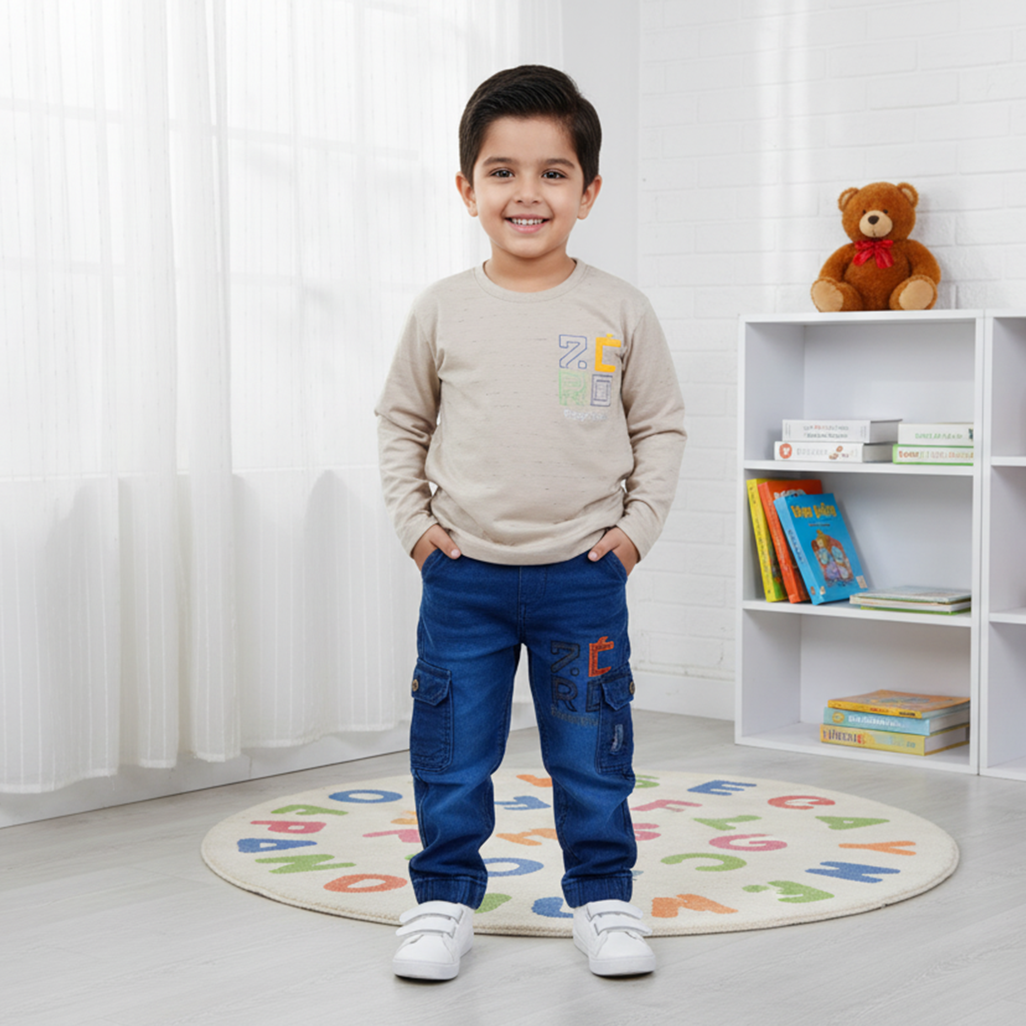 Boys Long‑Sleeve Tee & Denim Cargo Jogger Set – Sand Beige