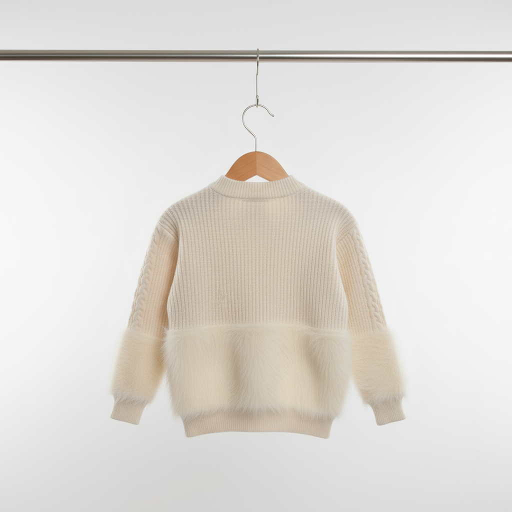 Kids Ivory Cable Knit Faux‑Fur Sweater