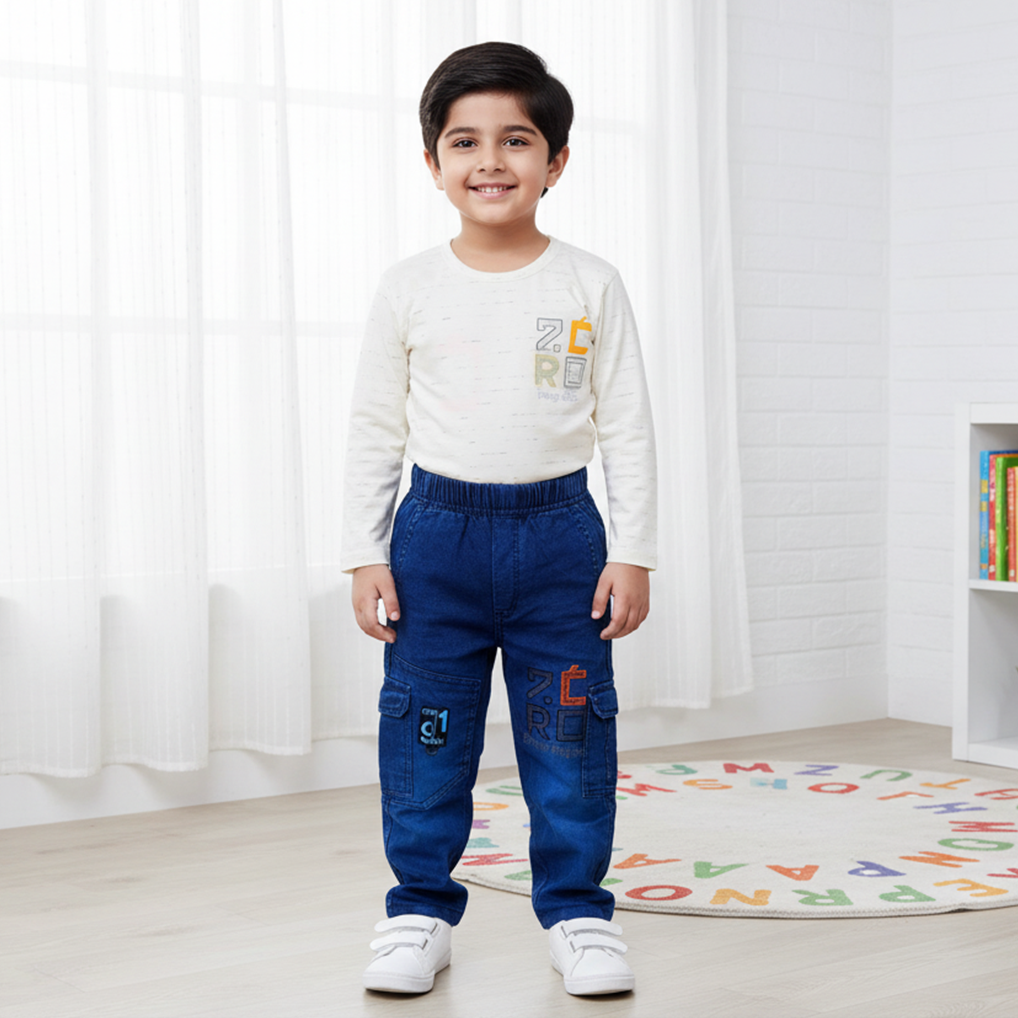 Boys Long‑Sleeve Tee & Denim Cargo Jogger Set – Cream