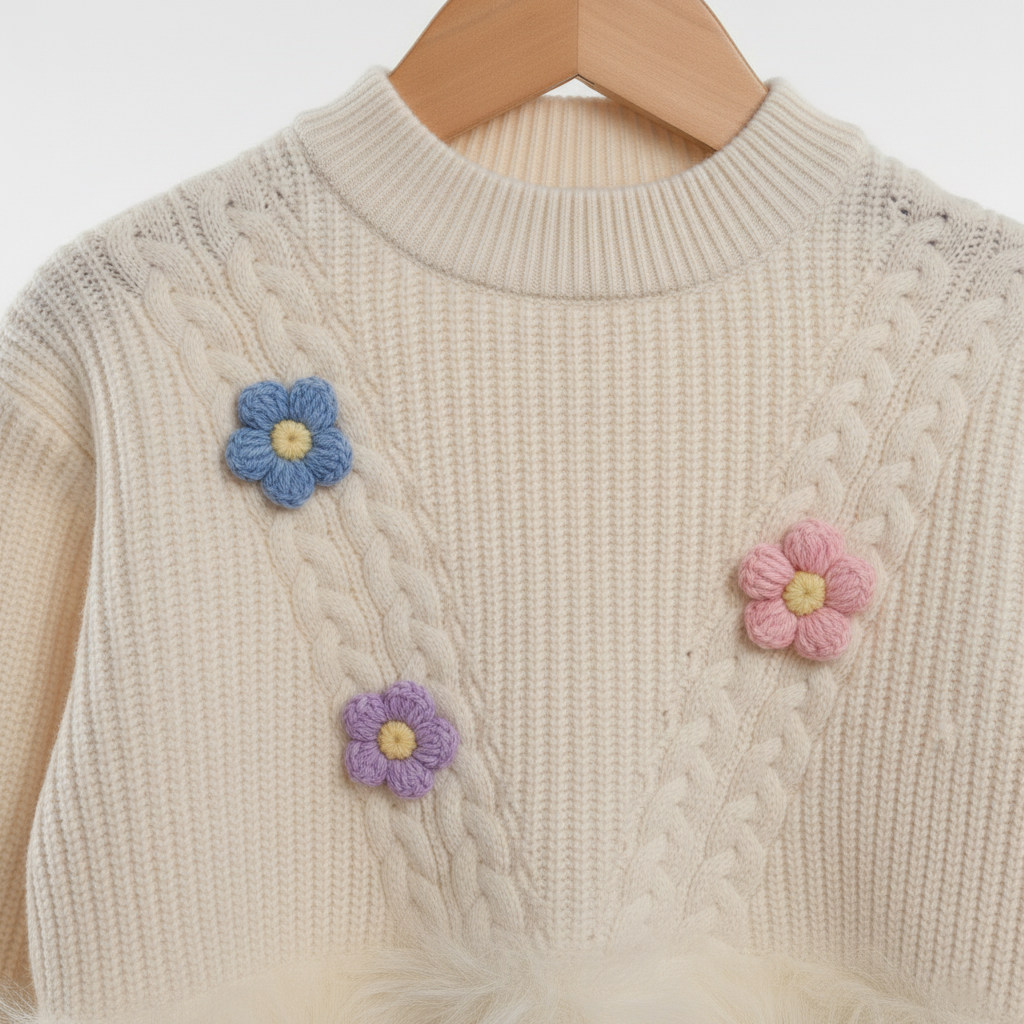 Kids Ivory Cable Knit Faux‑Fur Sweater