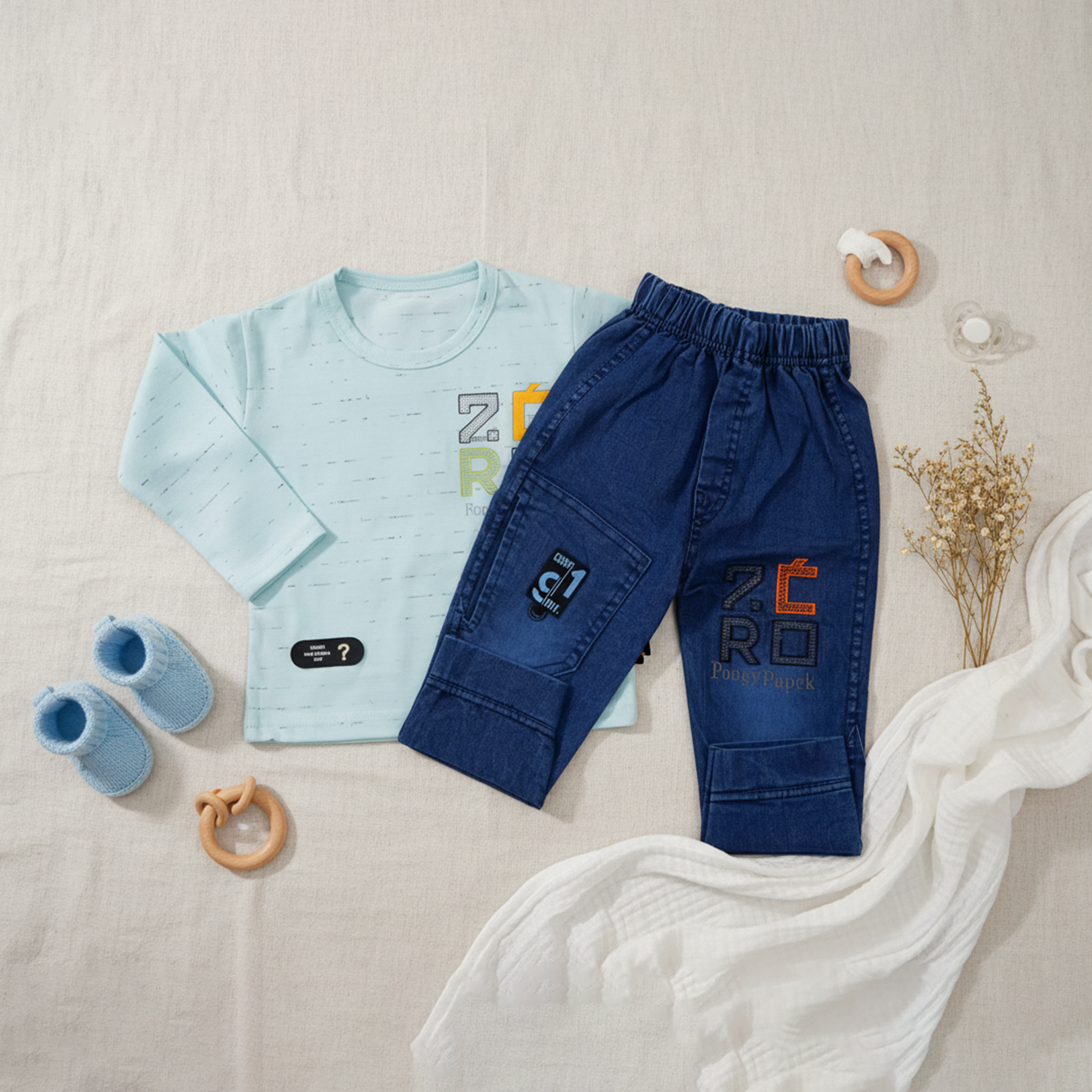 Boys Long‑Sleeve Tee & Denim Cargo Jogger Set – Aqua Blue