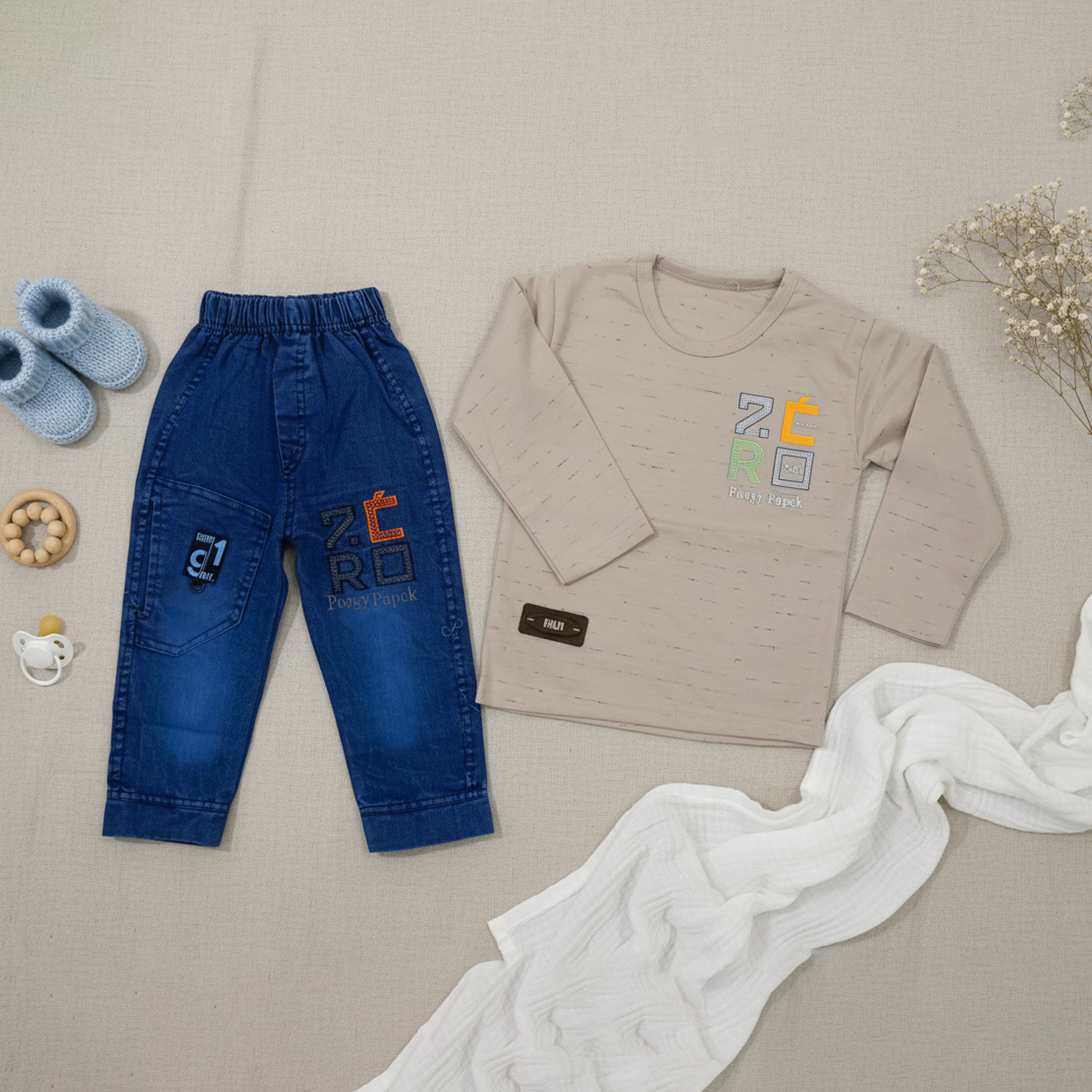 Boys Long‑Sleeve Tee & Denim Cargo Jogger Set – Sand Beige