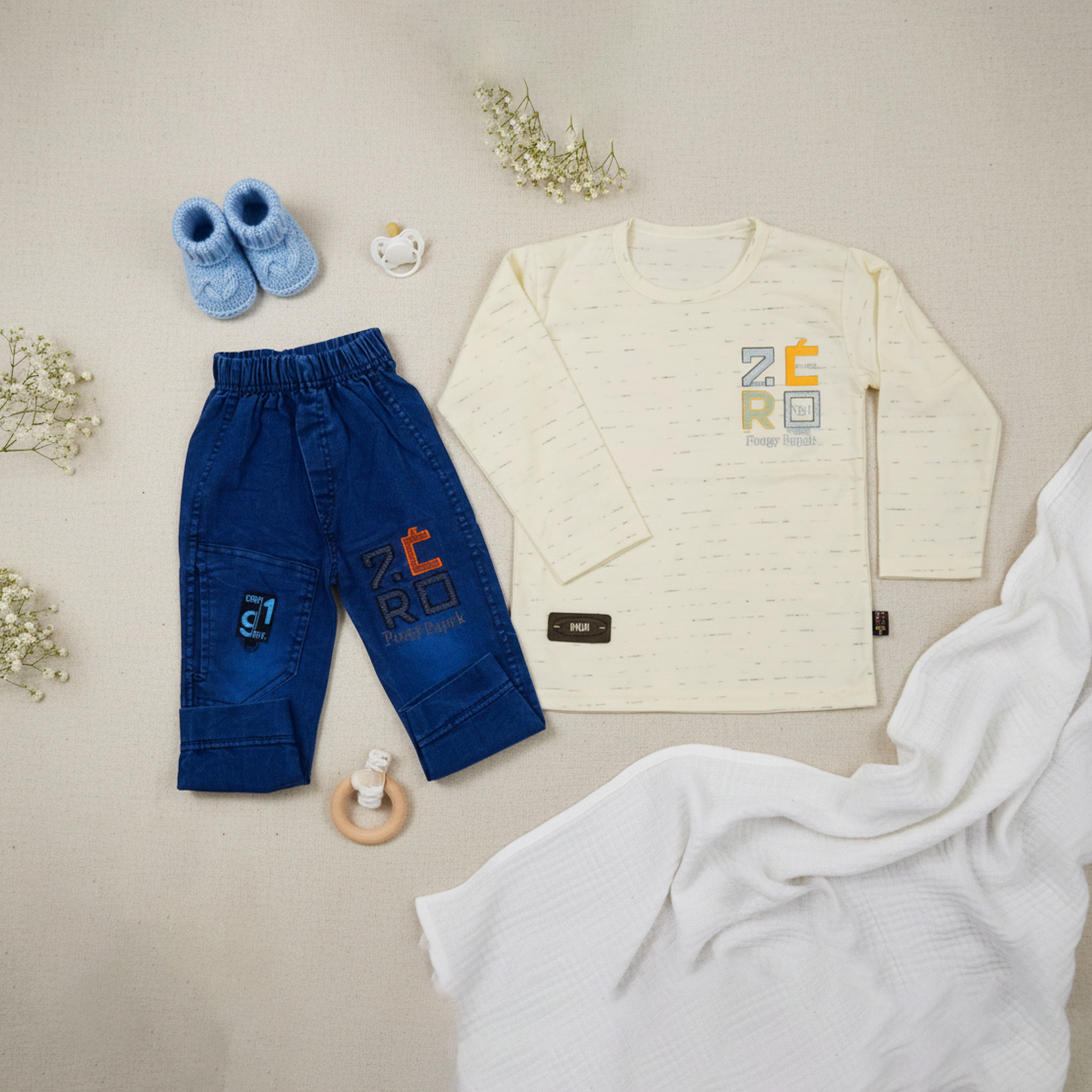 Boys Long‑Sleeve Tee & Denim Cargo Jogger Set – Cream