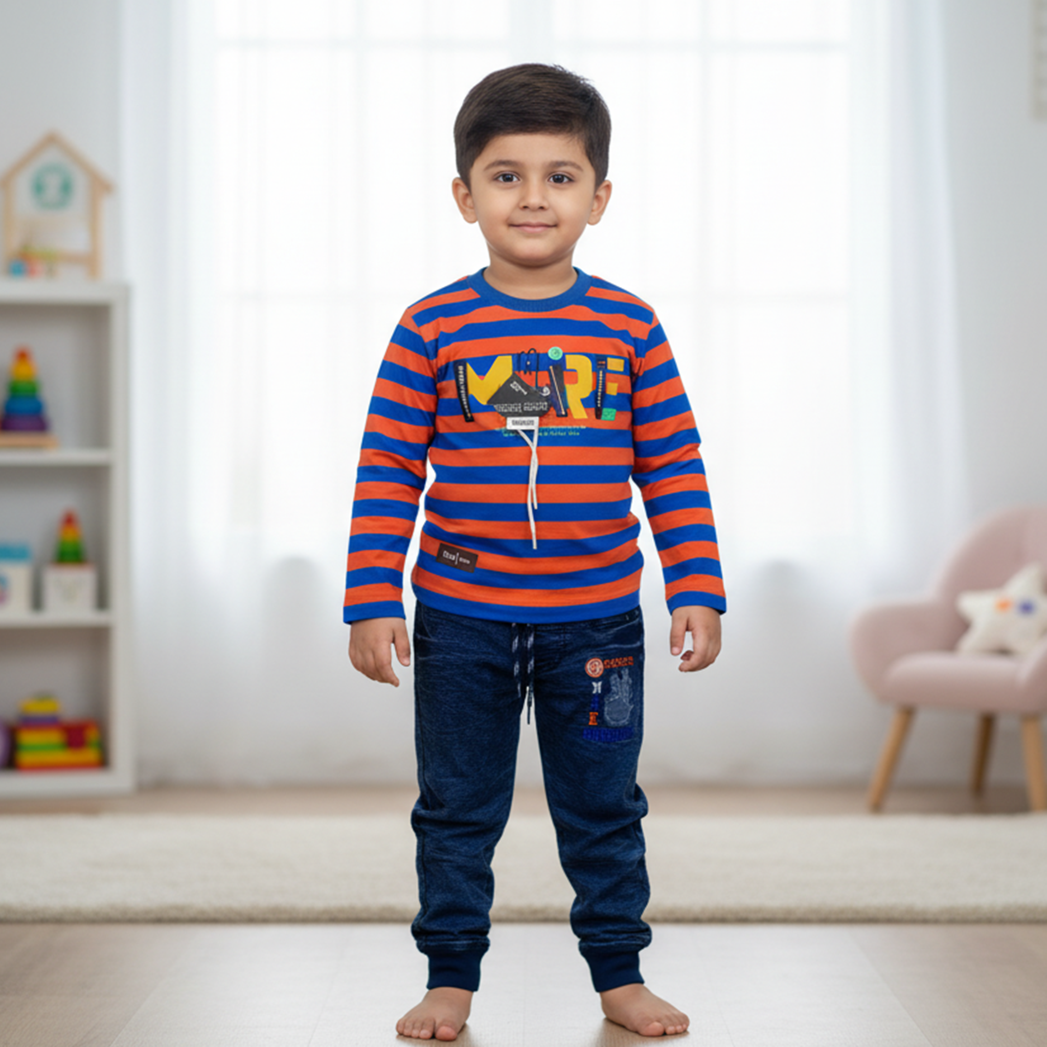 Boys Striped Long‑Sleeve Tee & Jogger Set - Red & Blue