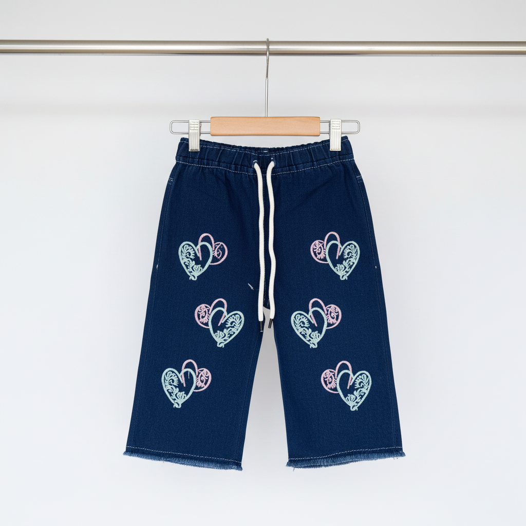 Girls Blue Denim Heart Wide‑Leg Pants - Navy