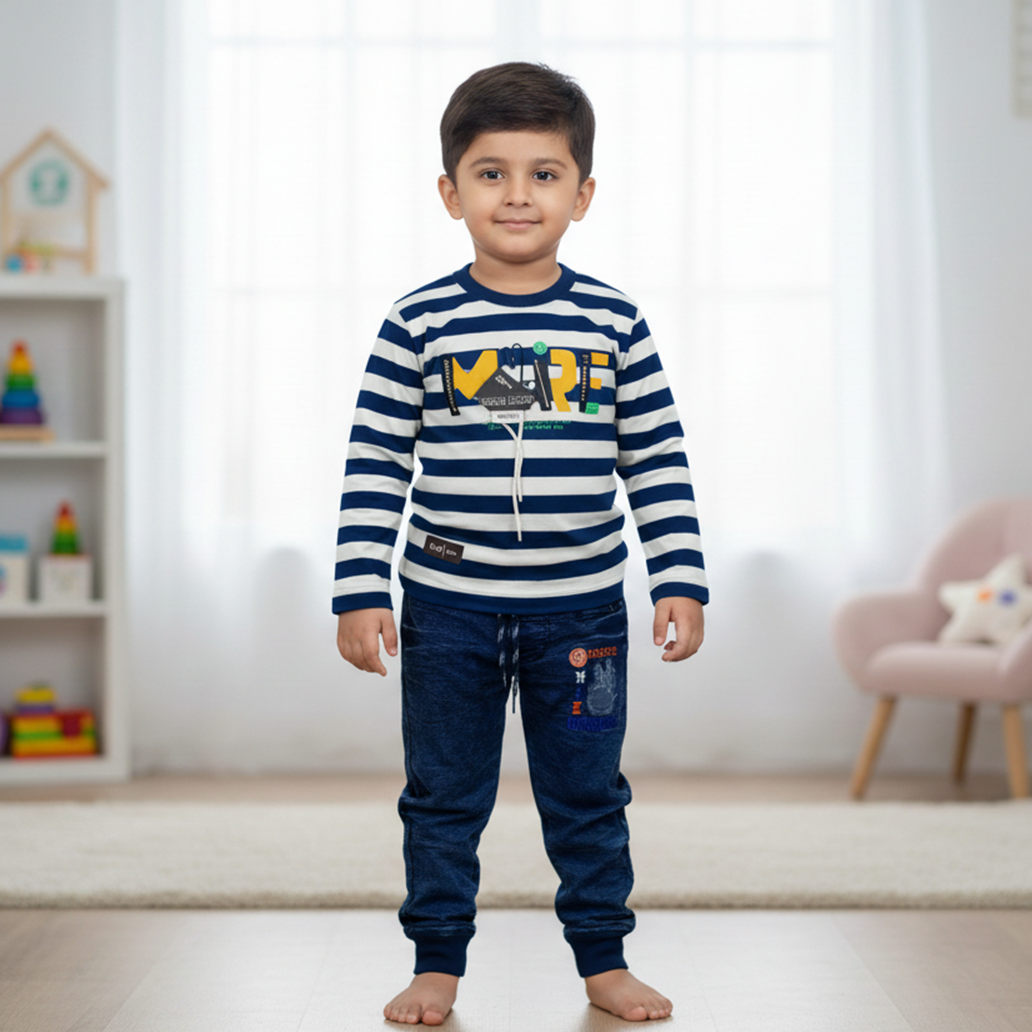 Boys Striped Long‑Sleeve Tee & Jogger Set - White & Blue