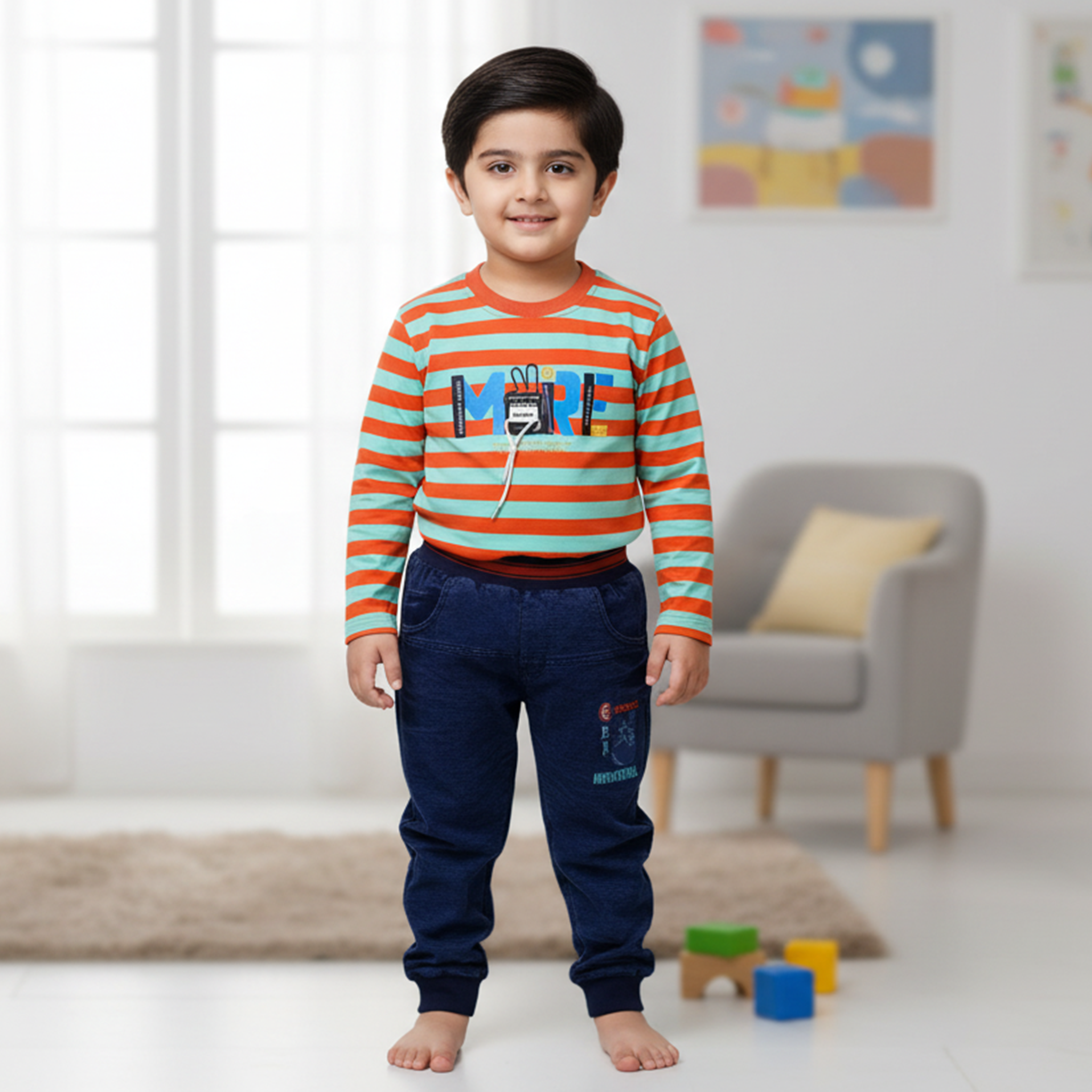 Boys Striped Long‑Sleeve Tee & Jogger Set - Orange & Green