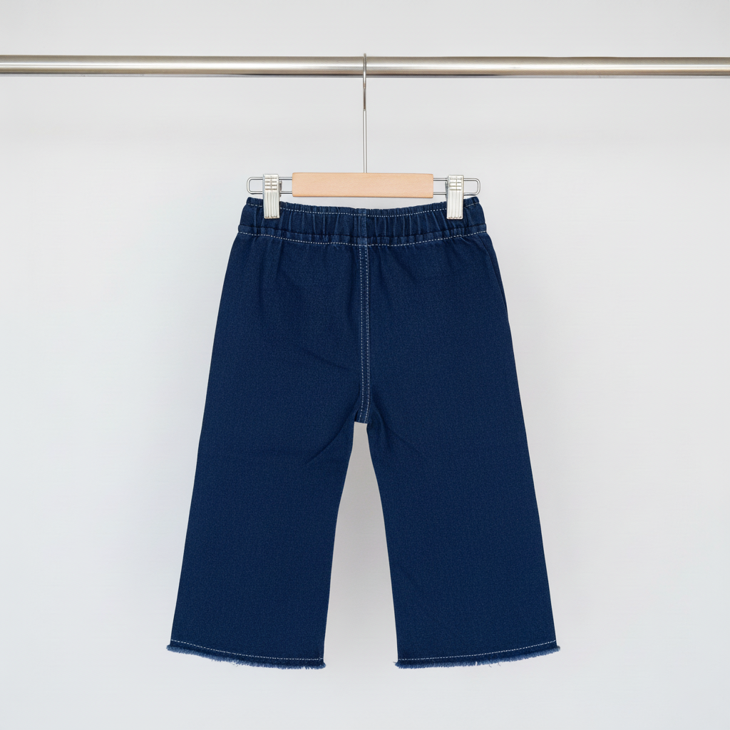 Girls Blue Denim Heart Wide‑Leg Pants - Navy