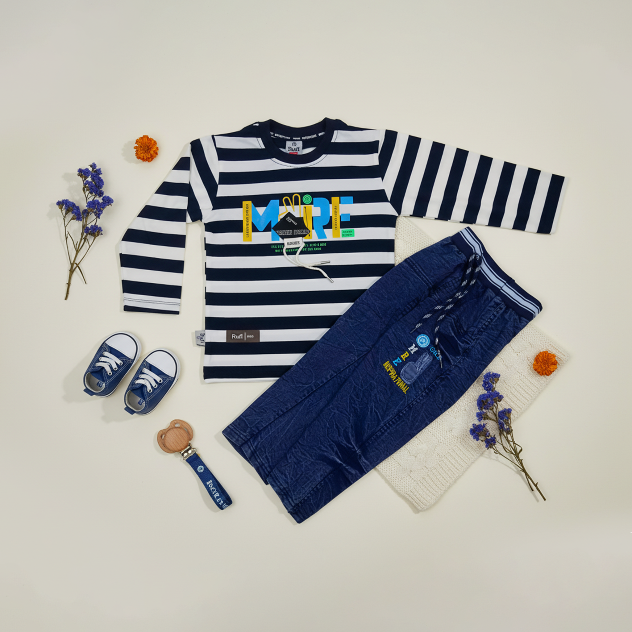 Boys Striped Long‑Sleeve Tee & Jogger Set - White & Blue