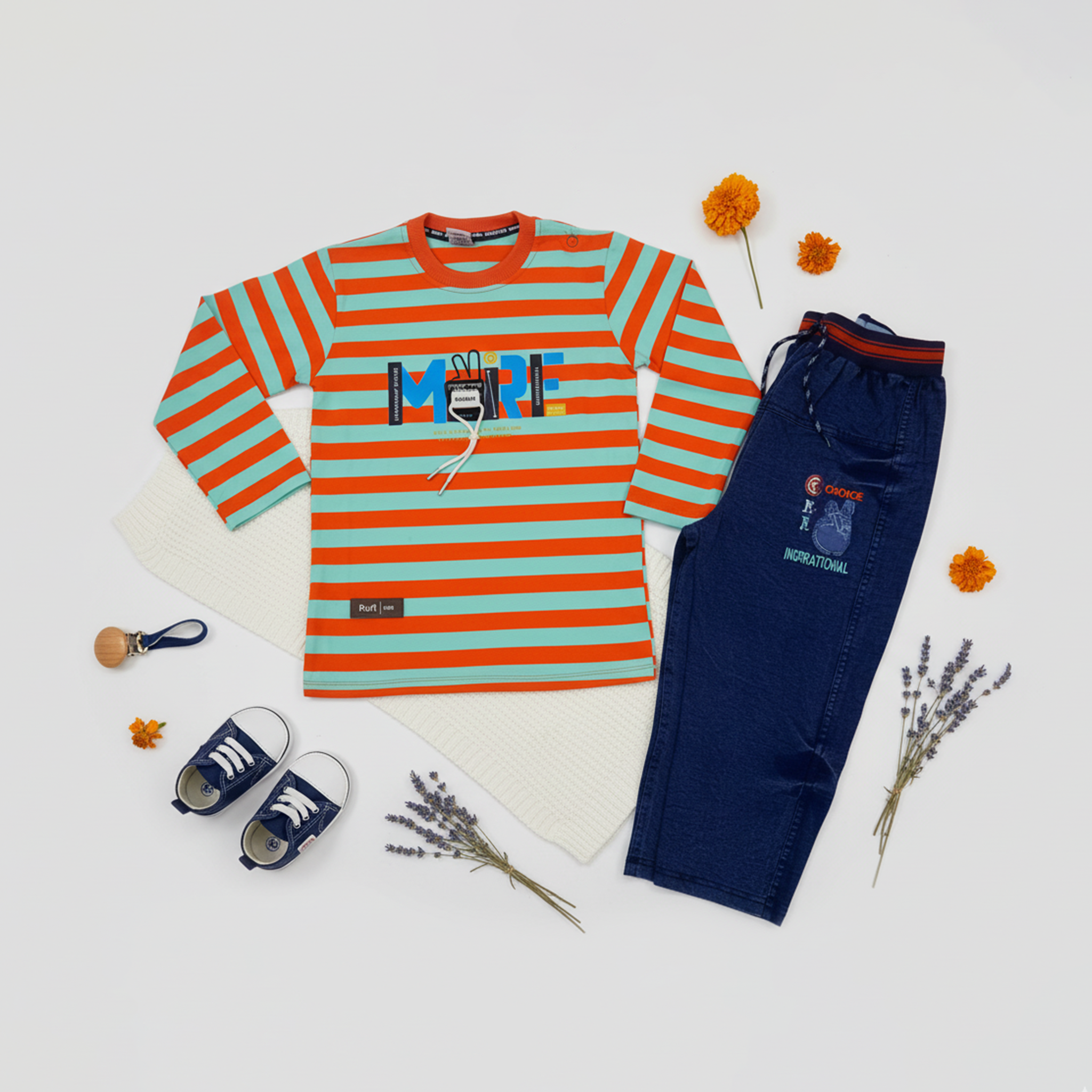 Boys Striped Long‑Sleeve Tee & Jogger Set - Orange & Green
