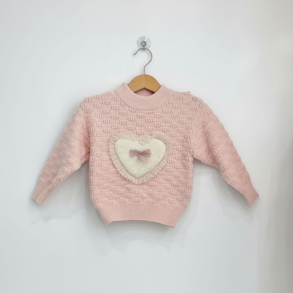 Girls Imported Pink Heart Appliqué Knit Sweater