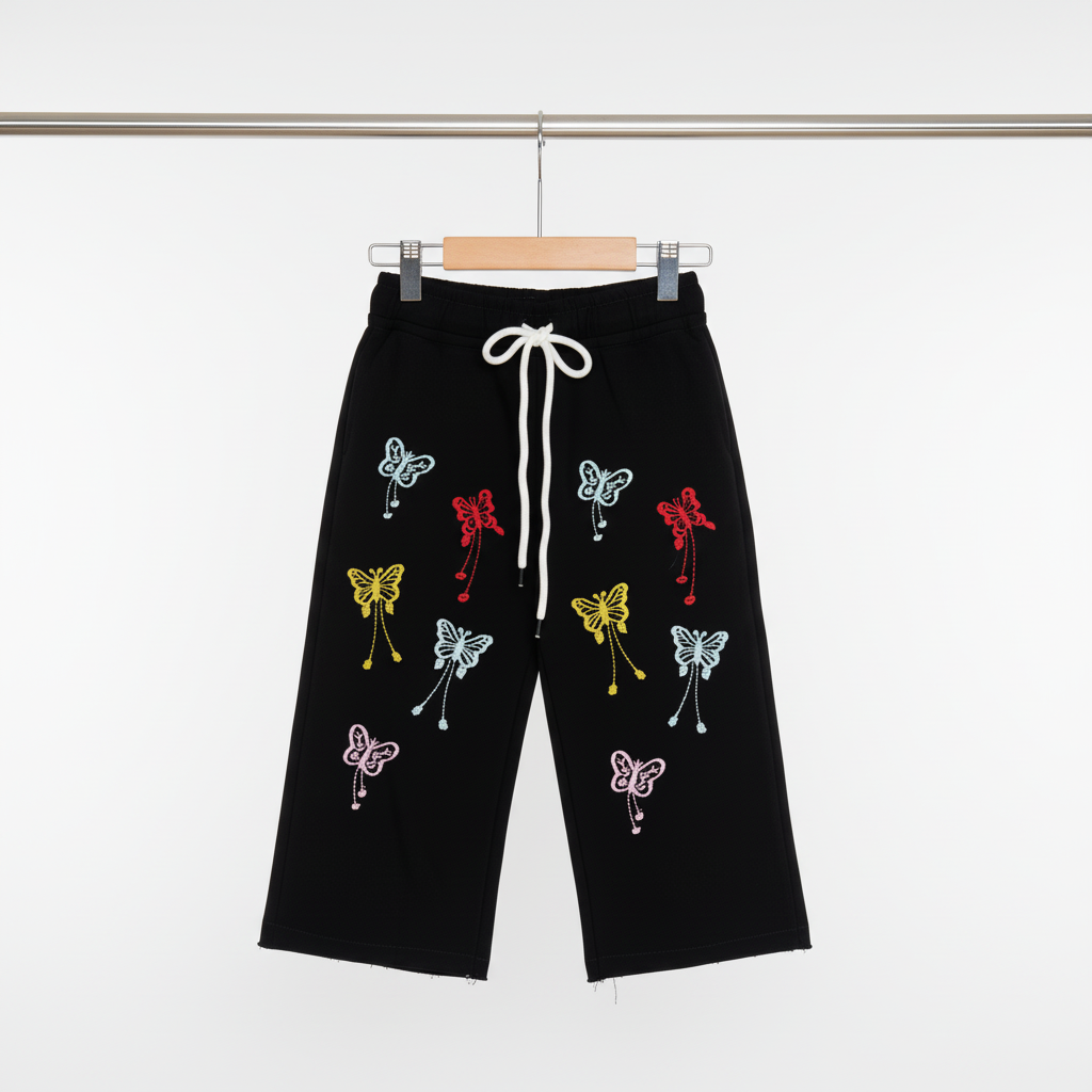 Kids Butterfly Embroidered Denim Pants – Black