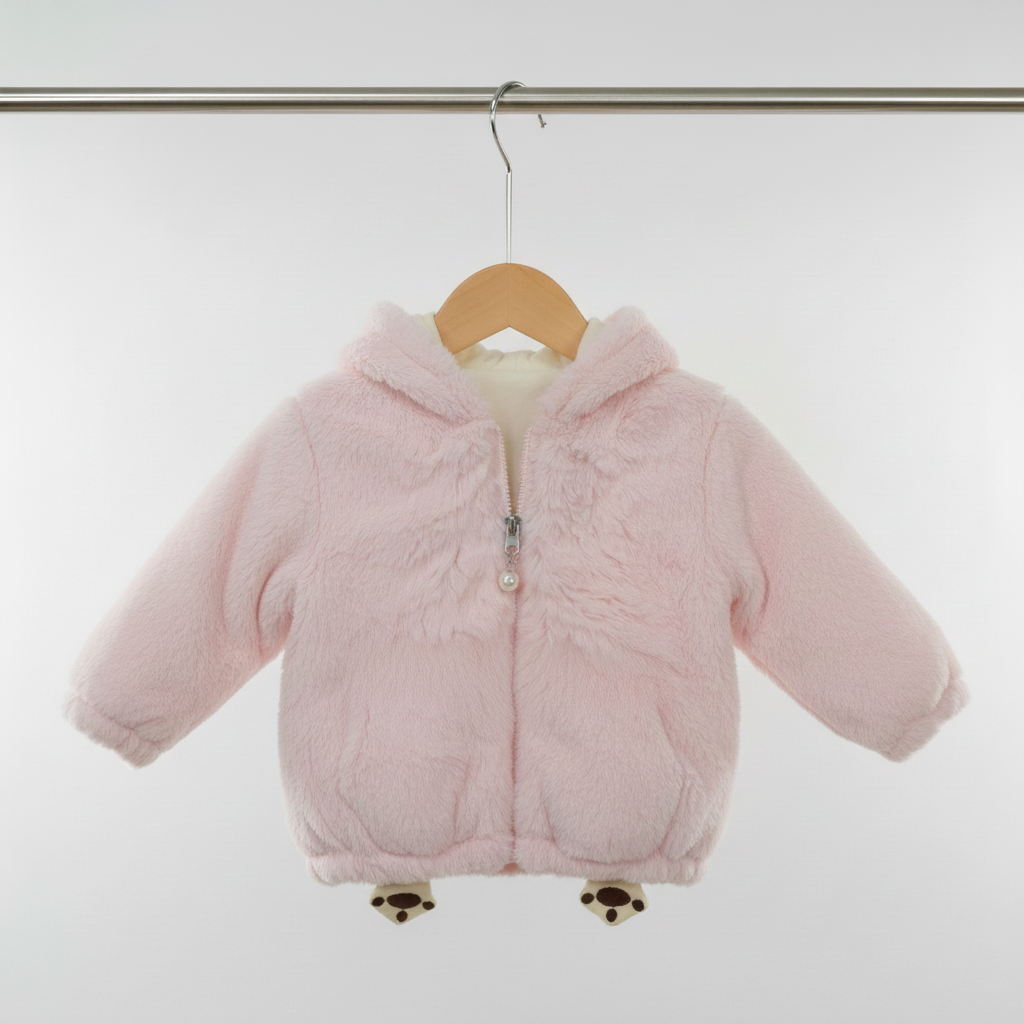 Kids Pink Plush Animal Zip Hoodie