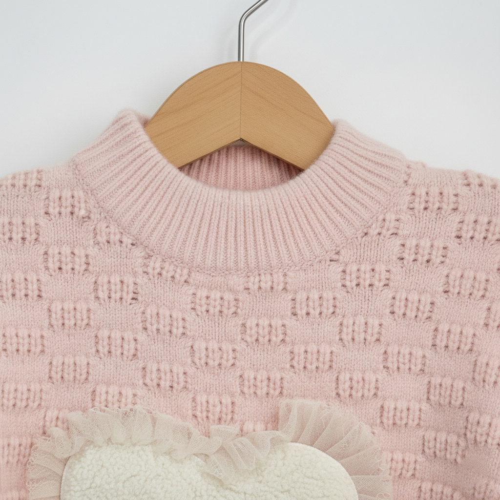 Girls Imported Pink Heart Appliqué Knit Sweater